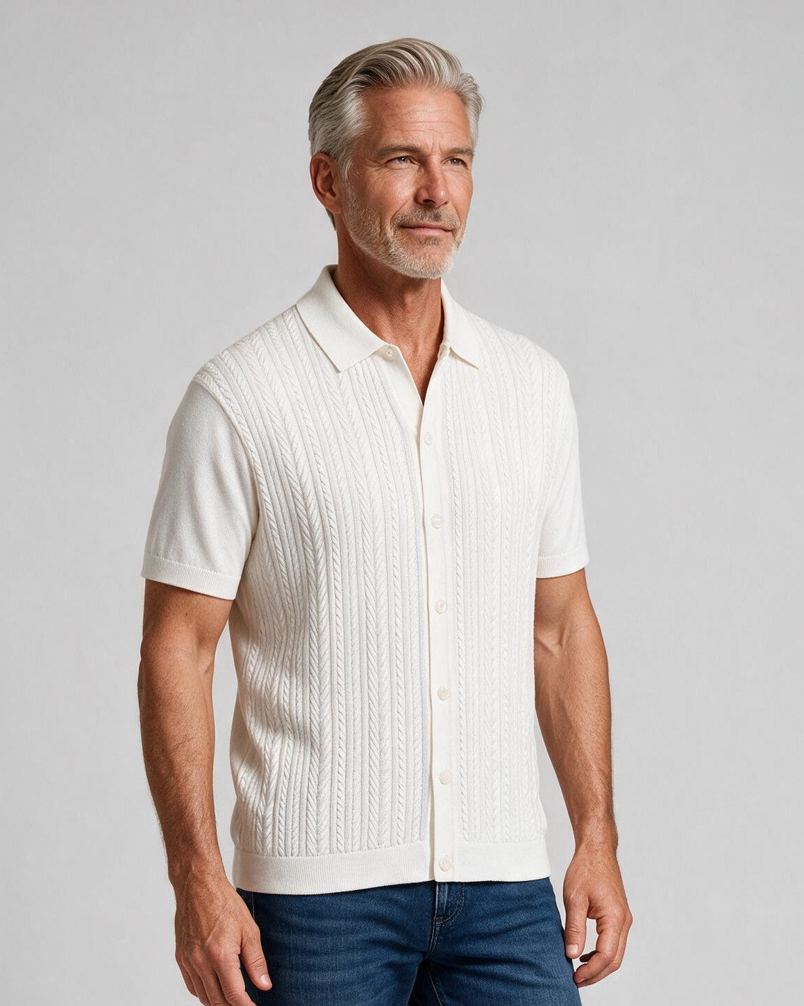 Bugatchi S/S Button front Knit Shirt, Chalk, detail | Mondo Uomo Naples FL