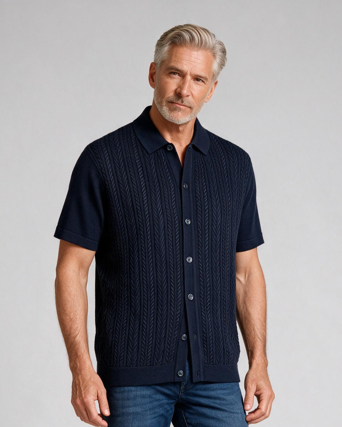 Bugatchi S/S Button front Knit Shirt, Navy, detail | Mondo Uomo Naples FL