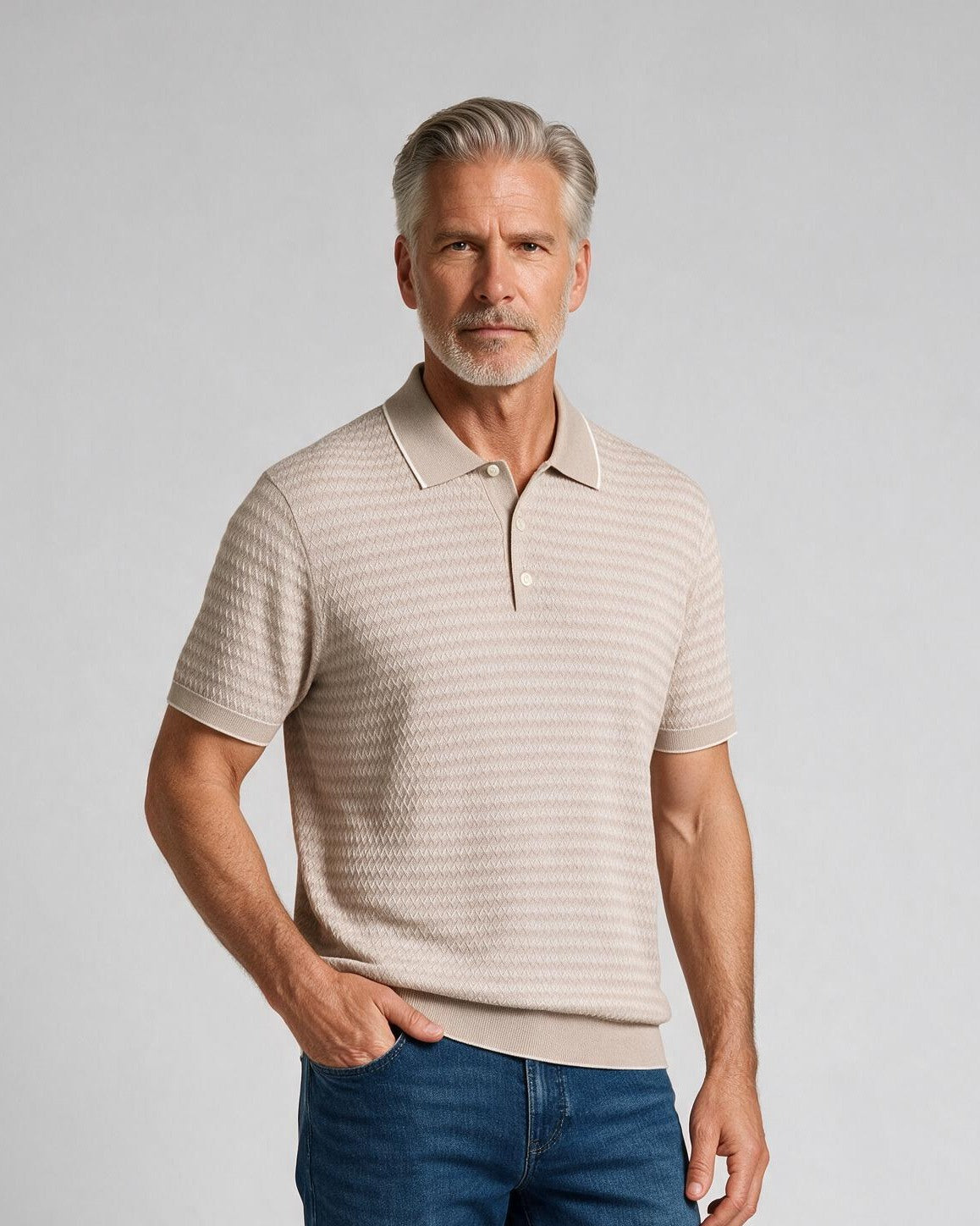 Bugatchi S/S Polo Sweater, Oatmeal, detail | Mondo Uomo Naples FL