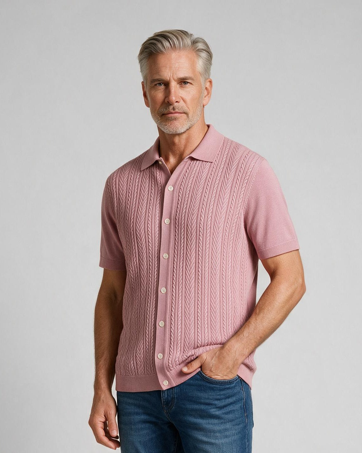 Bugatchi S/S Button front Knit Shirt, Dusty Pink, detail | Mondo Uomo Naples FL
