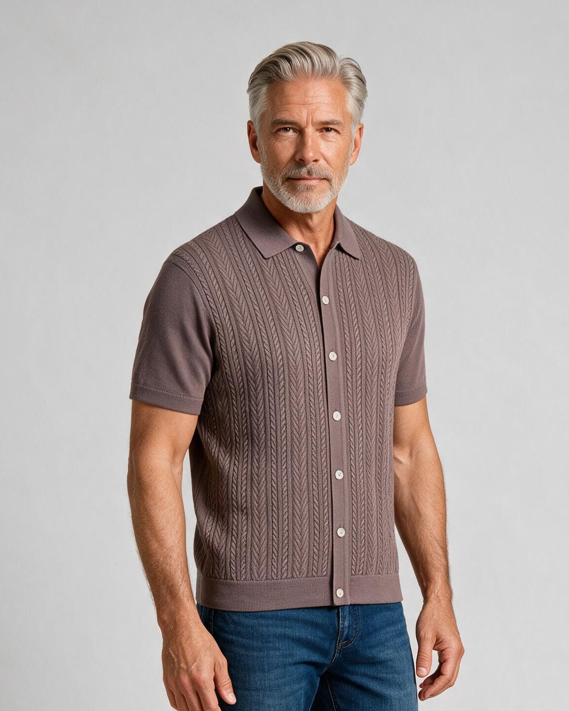 Bugatchi S/S Button front Knit Shirt, Walnut, detail | Mondo Uomo Naples FL