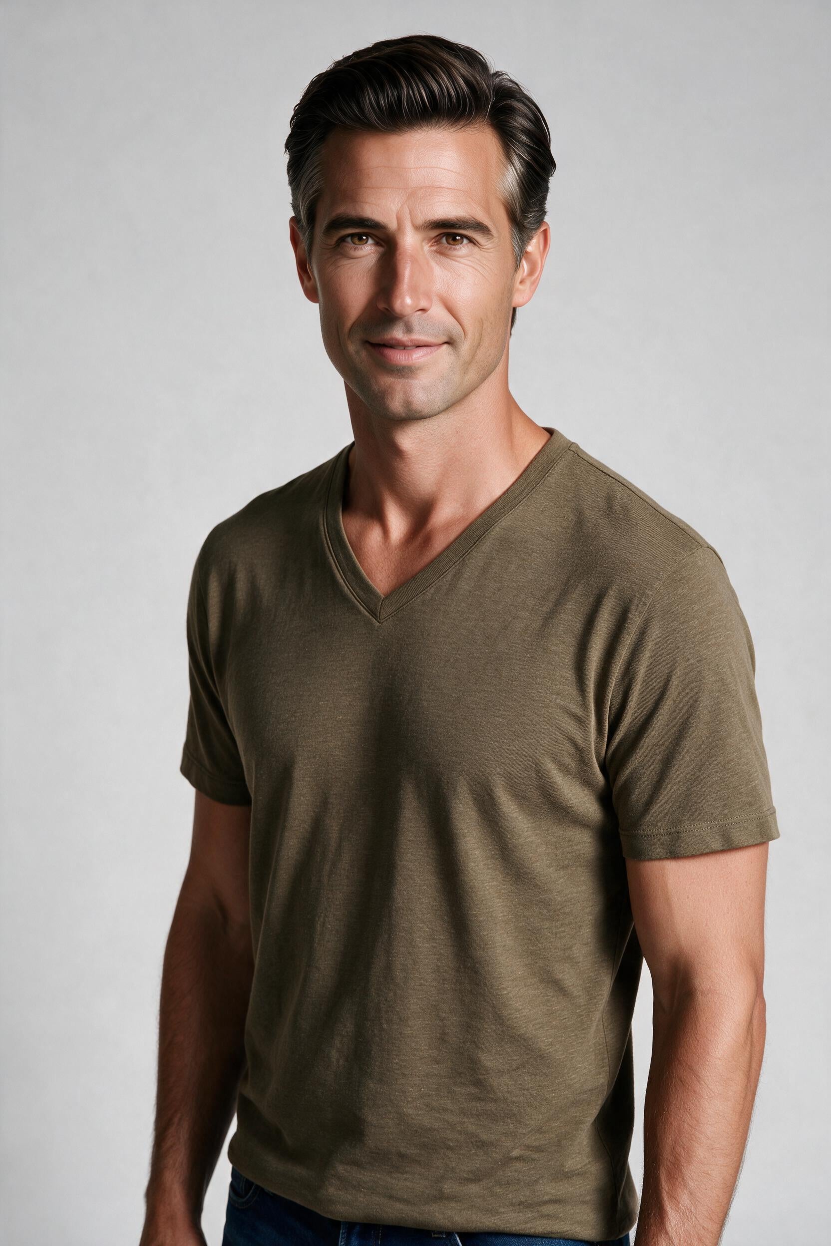 Raffi Aqua Cotton Noah V-Neck Tee in Army – close-up #Color_Army