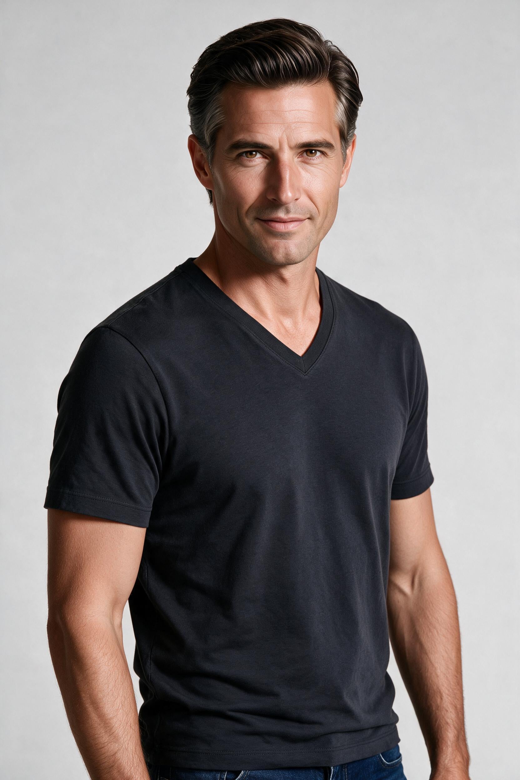 Raffi Aqua Cotton Noah V-Neck Tee in Carbon – close-up #Color_Carbon