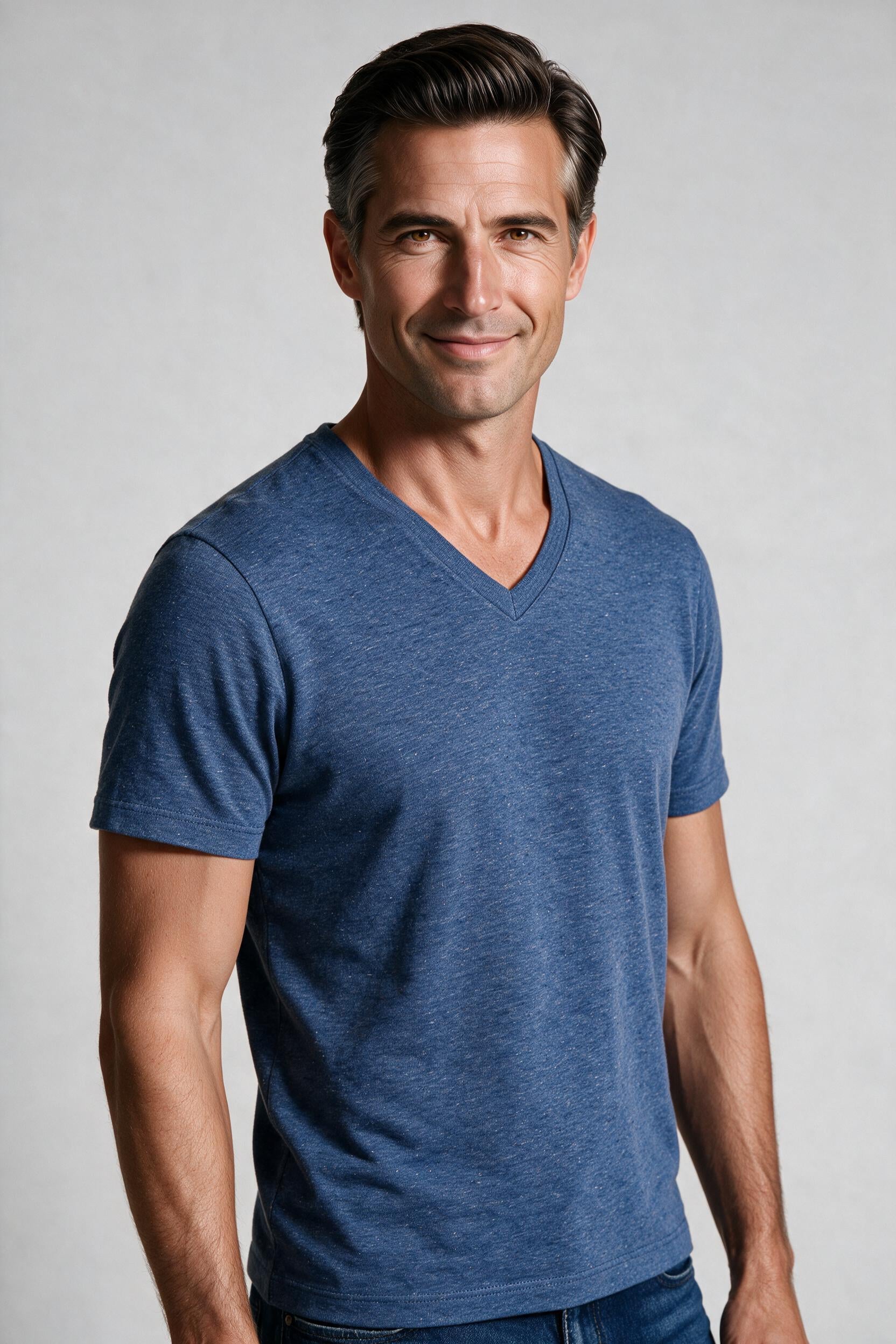 Raffi Aqua Cotton Noah V-Neck Tee in Denim – close-up #Color_Denim
