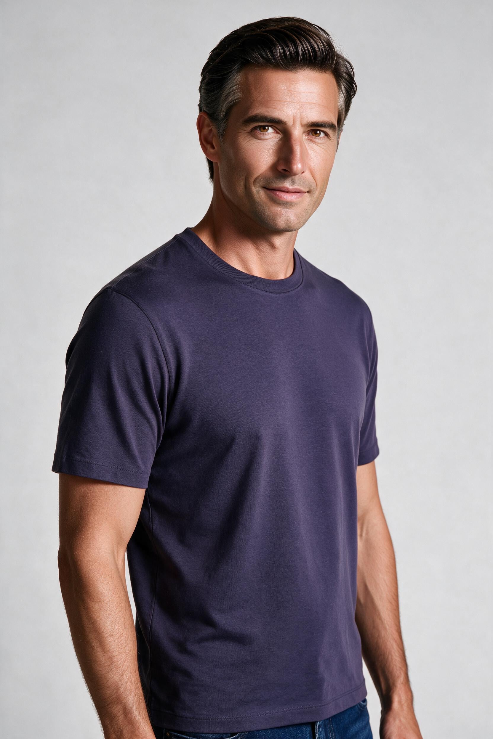 Raffi Aqua Cotton Lafayette Crew Neck Tee in Eggplant – close-up #Color_Eggplant