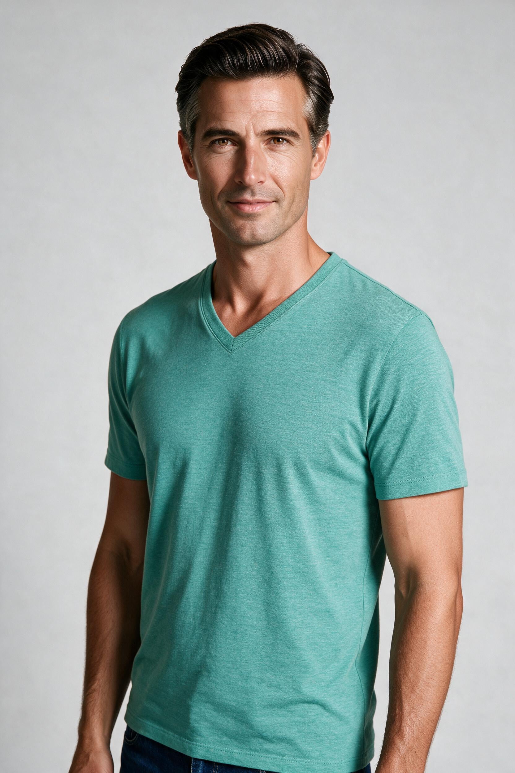 Raffi Aqua Cotton Noah V-Neck Tee in Spearmint – close-up #Color_Spearmint