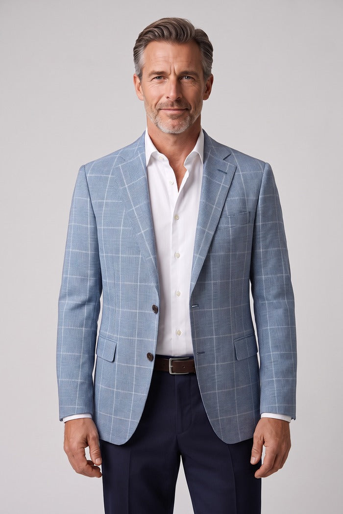 Corneliani Academy Light Wool Glen Check Sport Coat, Light Blue – worn by model, close-up