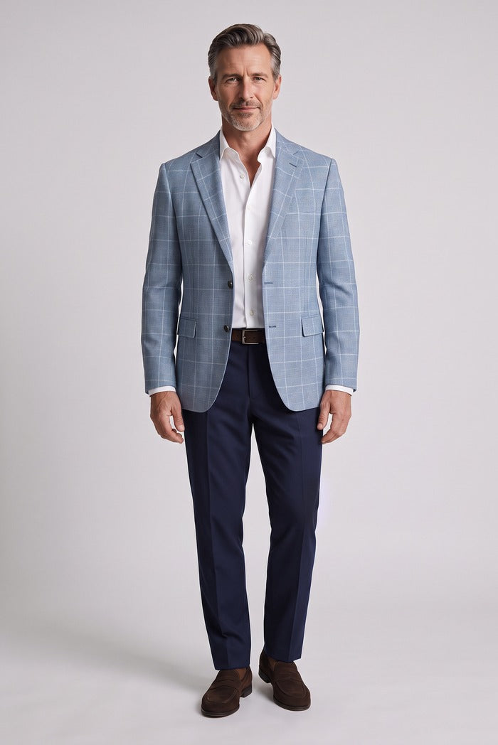 Corneliani Academy Light Wool Glen Check Sport Coat, Light Blue – full-length on model