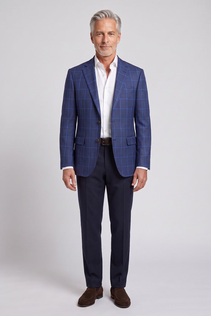 Corneliani Academy Light Wool Windowpane Sport Coat, Navy – full-length on model