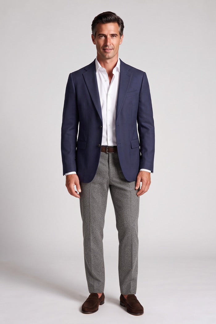 Corneliani Academy Light Wool Hopsack Blazer, Navy – full-length on model