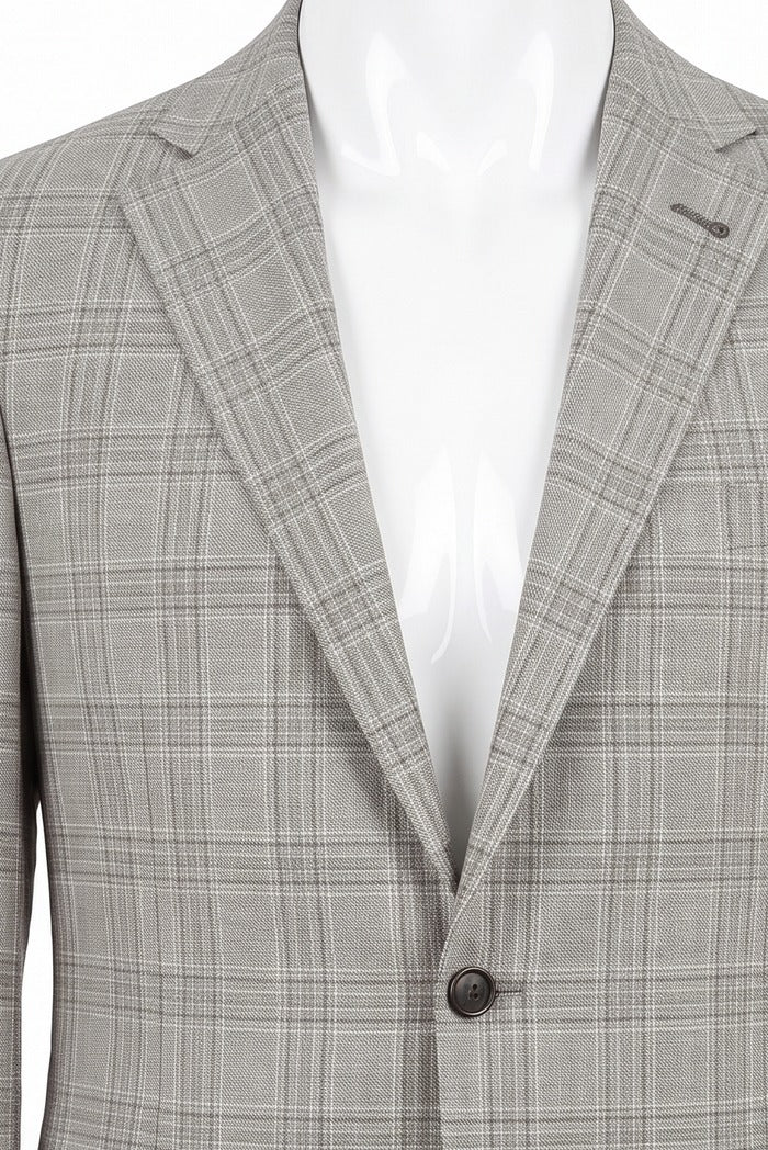 Corneliani Academy Light Wool Plaid Sport Coat, Taupe – lapel and fabric detail