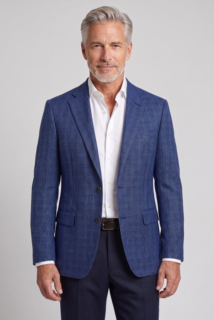 Corneliani Academy Light Wool Textured Weave Sport Coat, Blue – worn by model, close-up