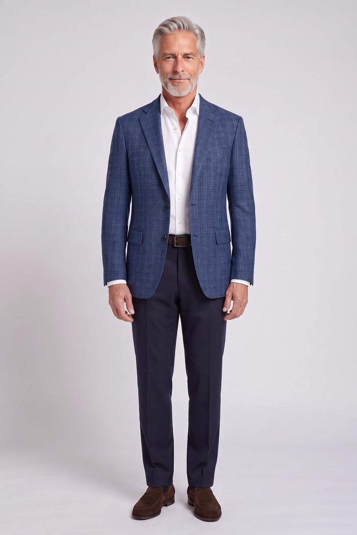 Corneliani Academy Light Wool Textured Weave Sport Coat, Blue – full-length on model