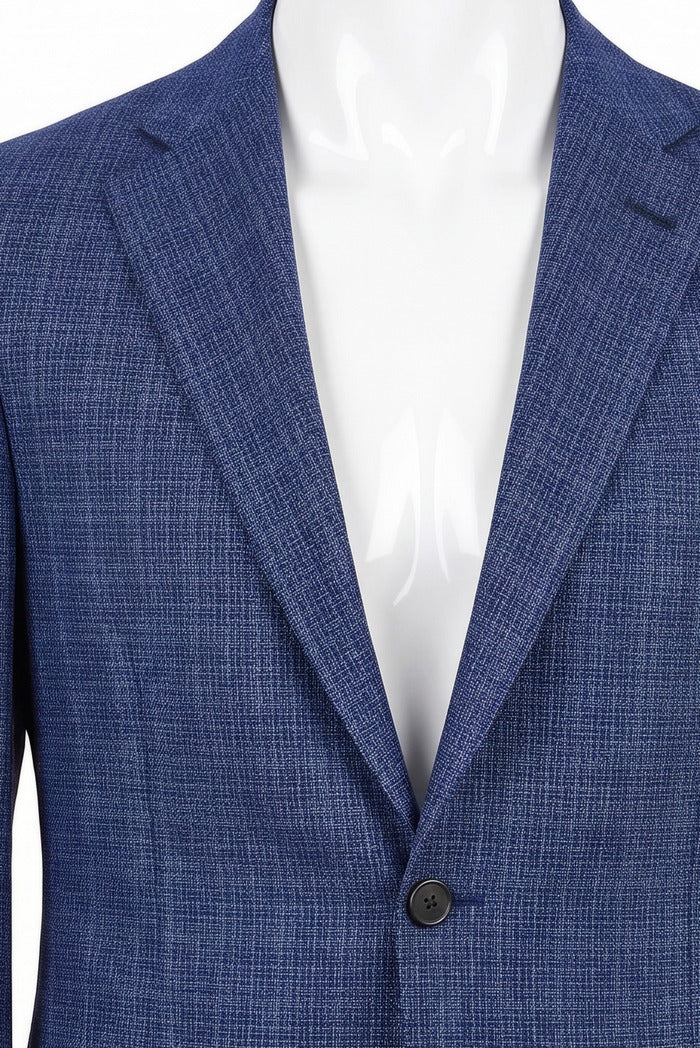 Corneliani Academy Light Wool Textured Weave Sport Coat, Blue – lapel and fabric detail