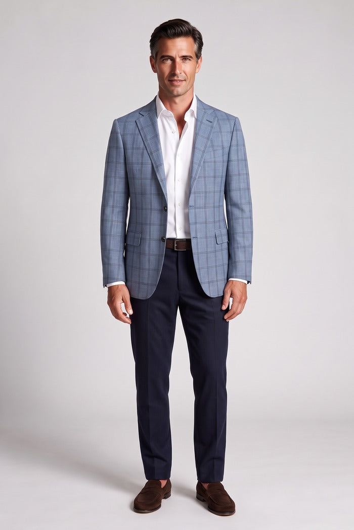 Corneliani Academy Light Wool Windowpane Sport Coat, Blue – full-length on model