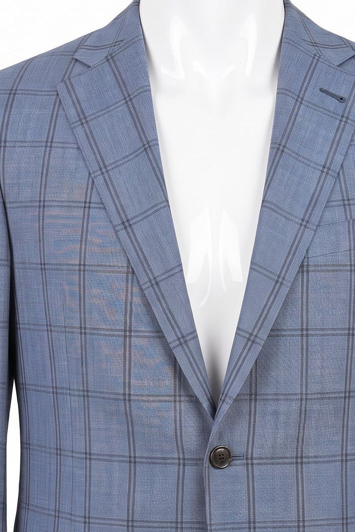 Corneliani Academy Light Wool Windowpane Sport Coat, Blue – lapel and fabric detail