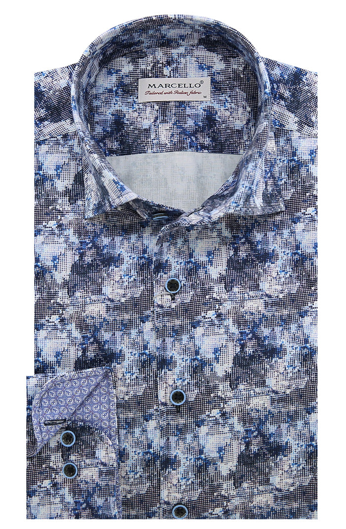 Marcello Blue Abstract Print Long Sleeve Shirt For Men - Mondo Uomo