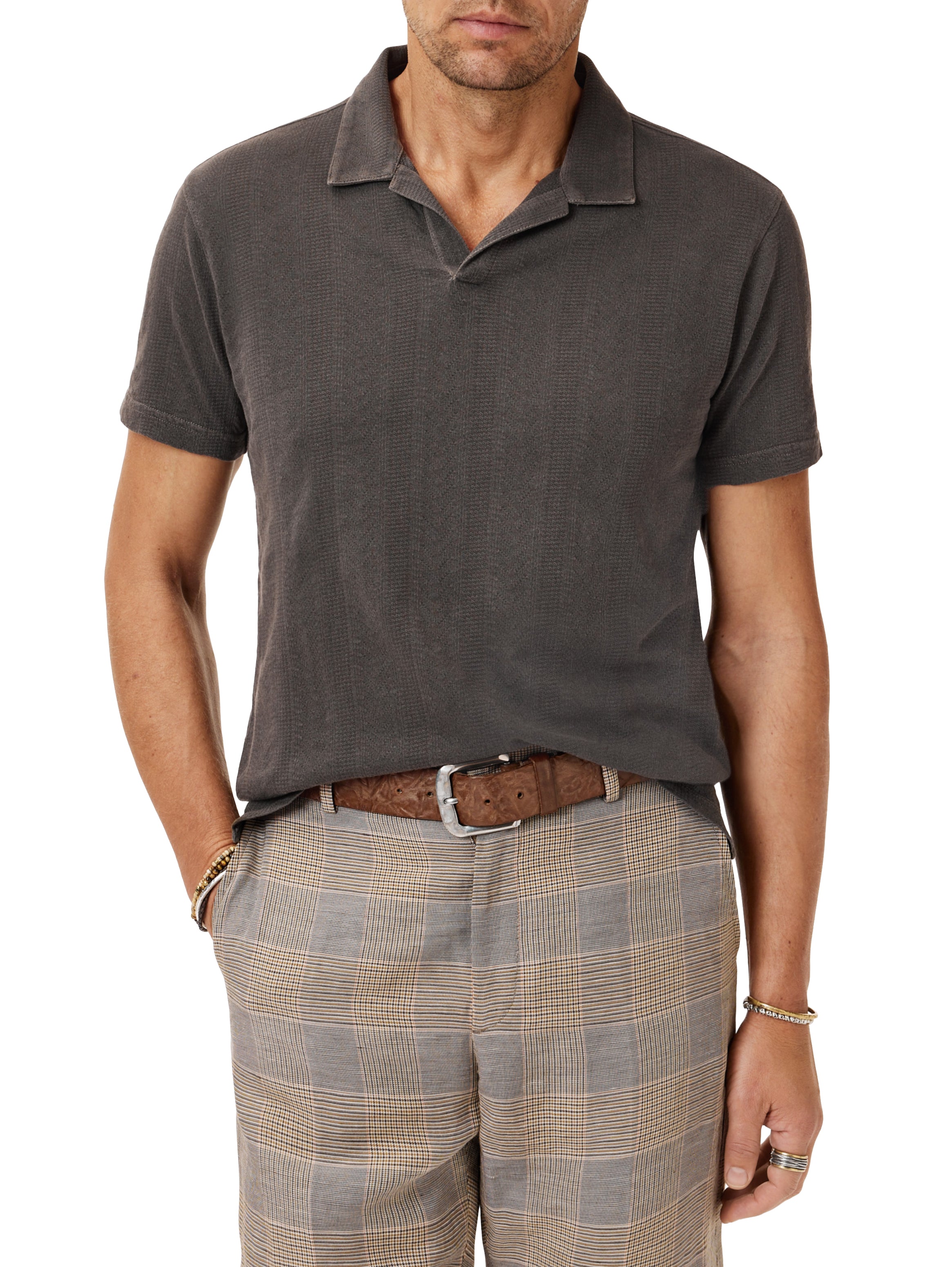 John Varvatos Zion Short Sleeve Polo In Flat Grey On Model Mondo Uomo