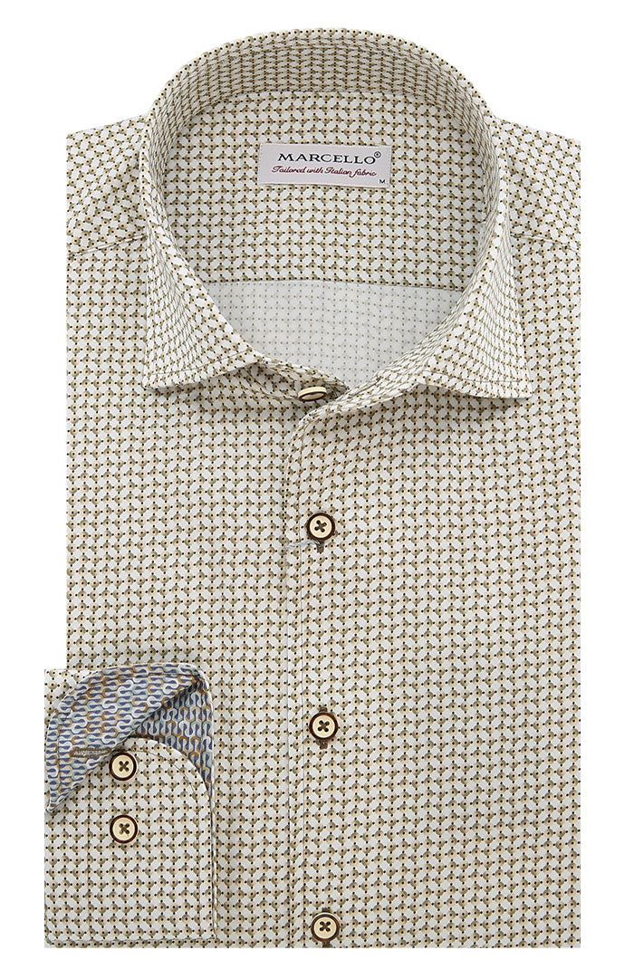 Marcello Beige Micro-Print Long Sleeve Shirt For Men  - Mondo Uomo