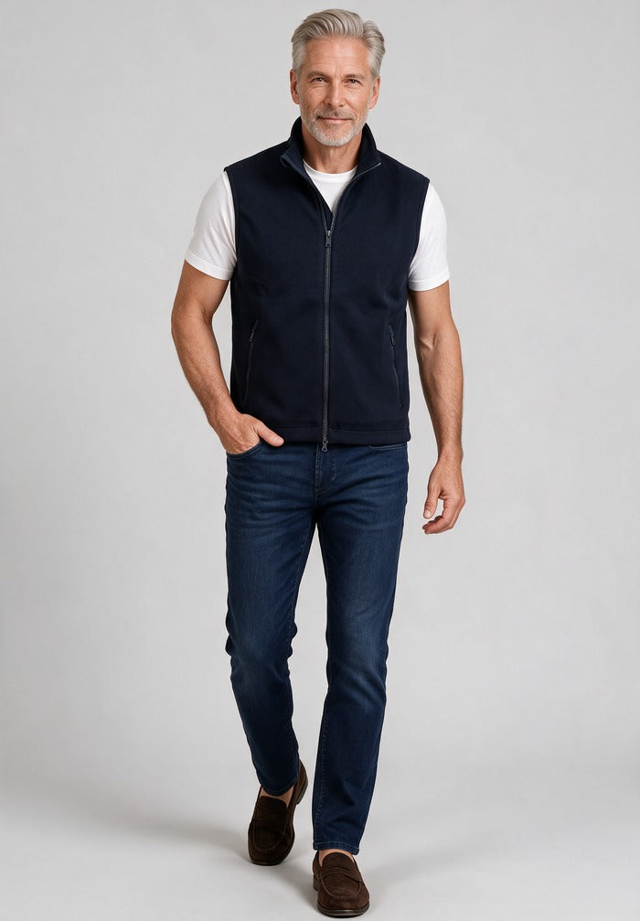 Techno Fleece Gilet, Navy — worn with denim