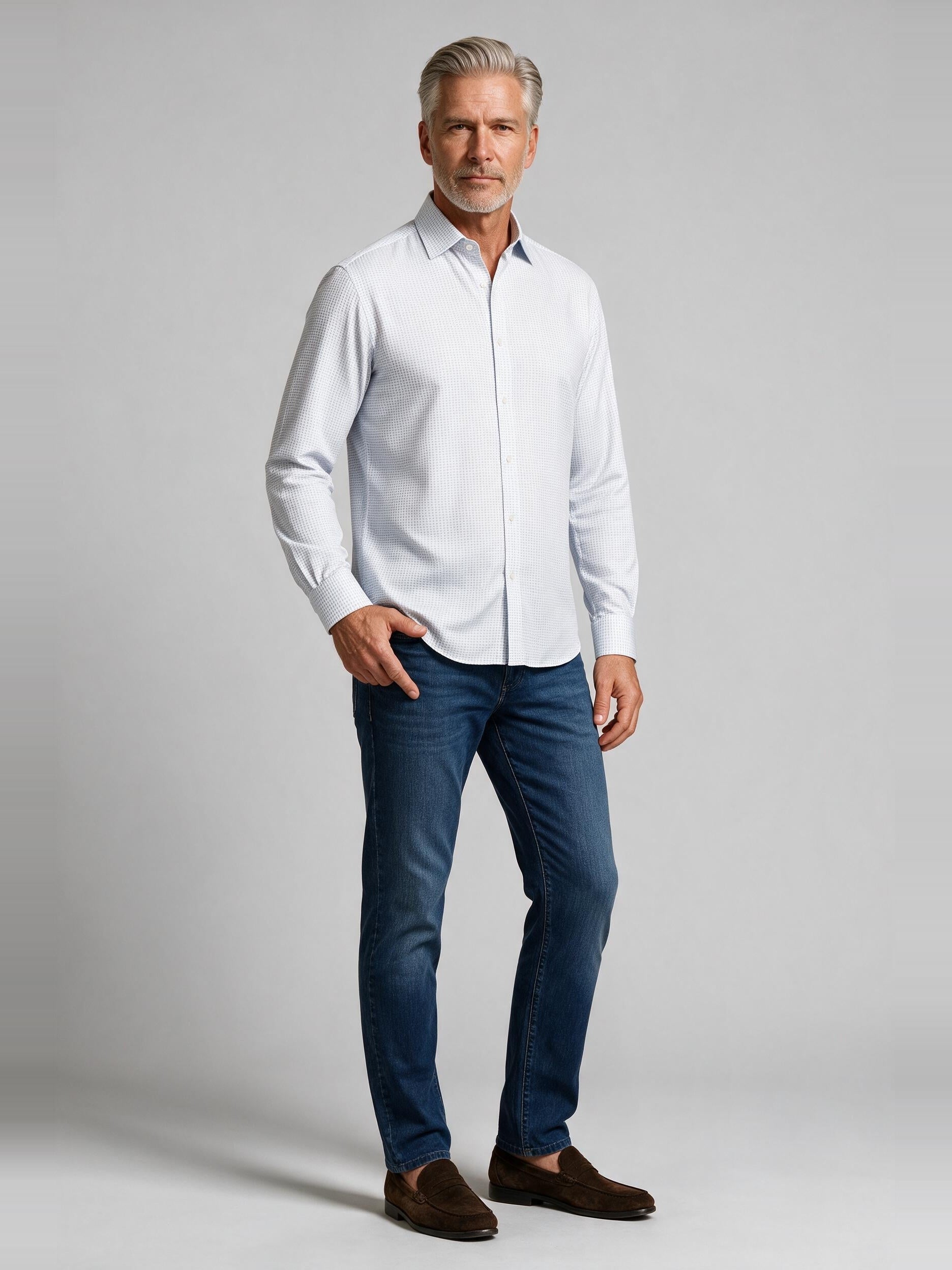 Bugatchi L/S Alvin Shirt, Air Blue, worn with denim | Mondo Uomo Naples FL