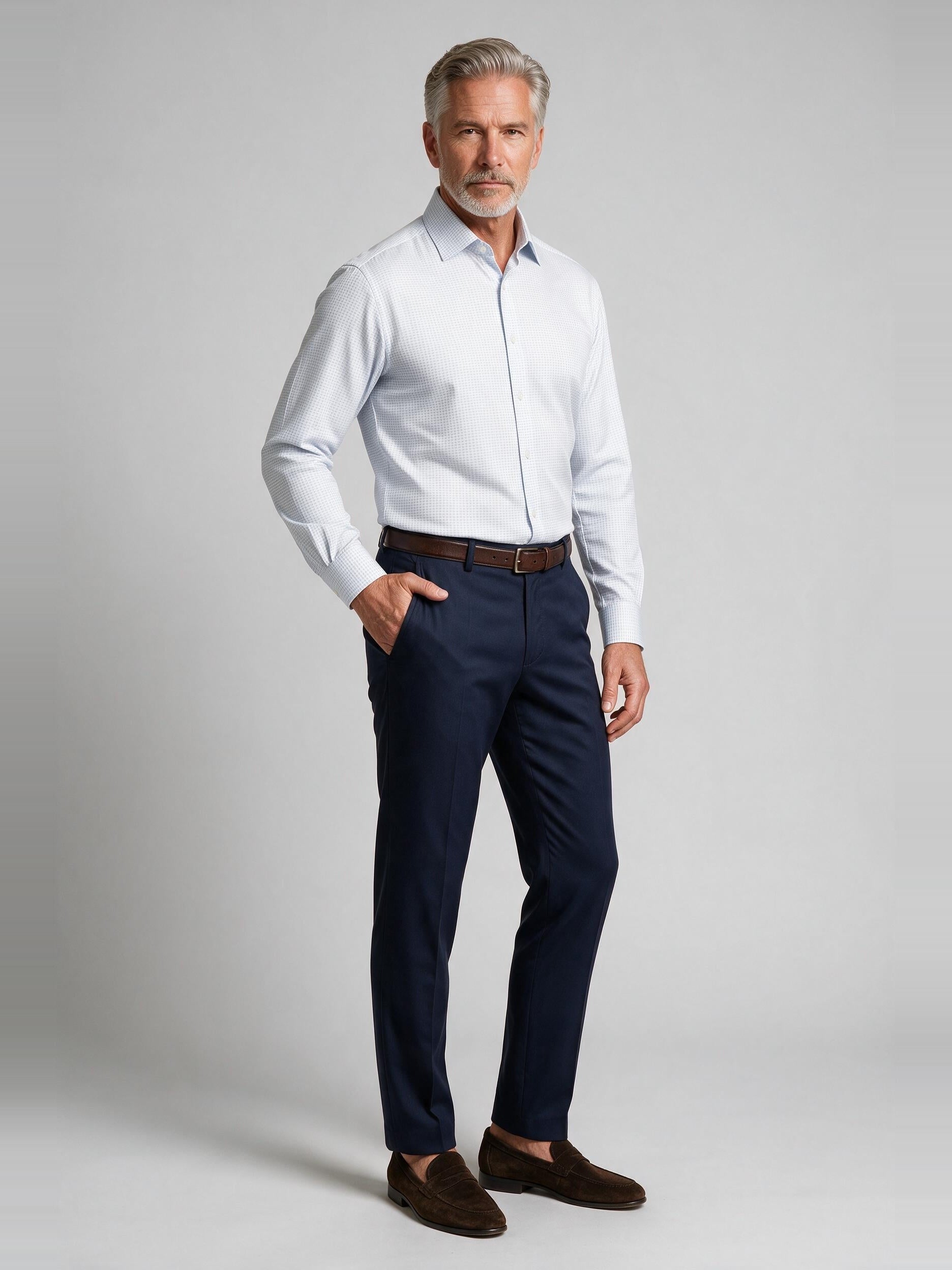 Bugatchi L/S Alvin Shirt, Air Blue, worn with a dress trouser | Mondo Uomo Naples FL