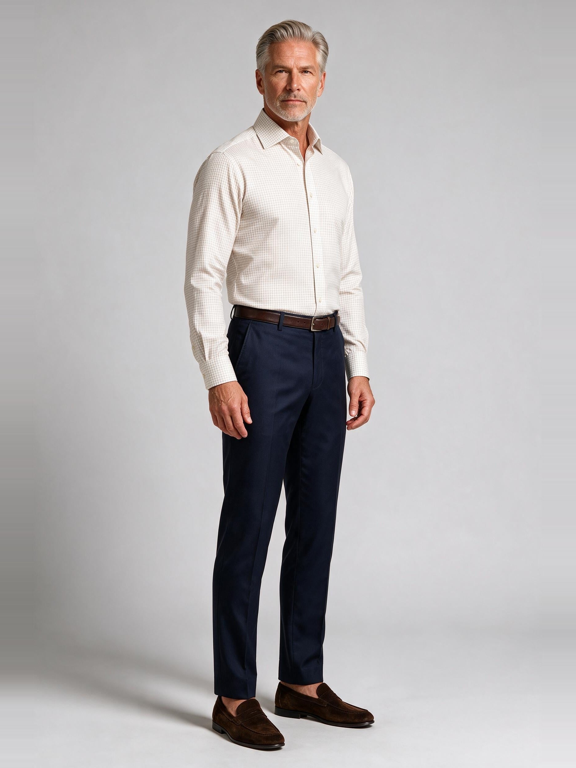 Bugatchi L/S Alvin Shirt, Almond, worn with a dress trouser | Mondo Uomo Naples FL