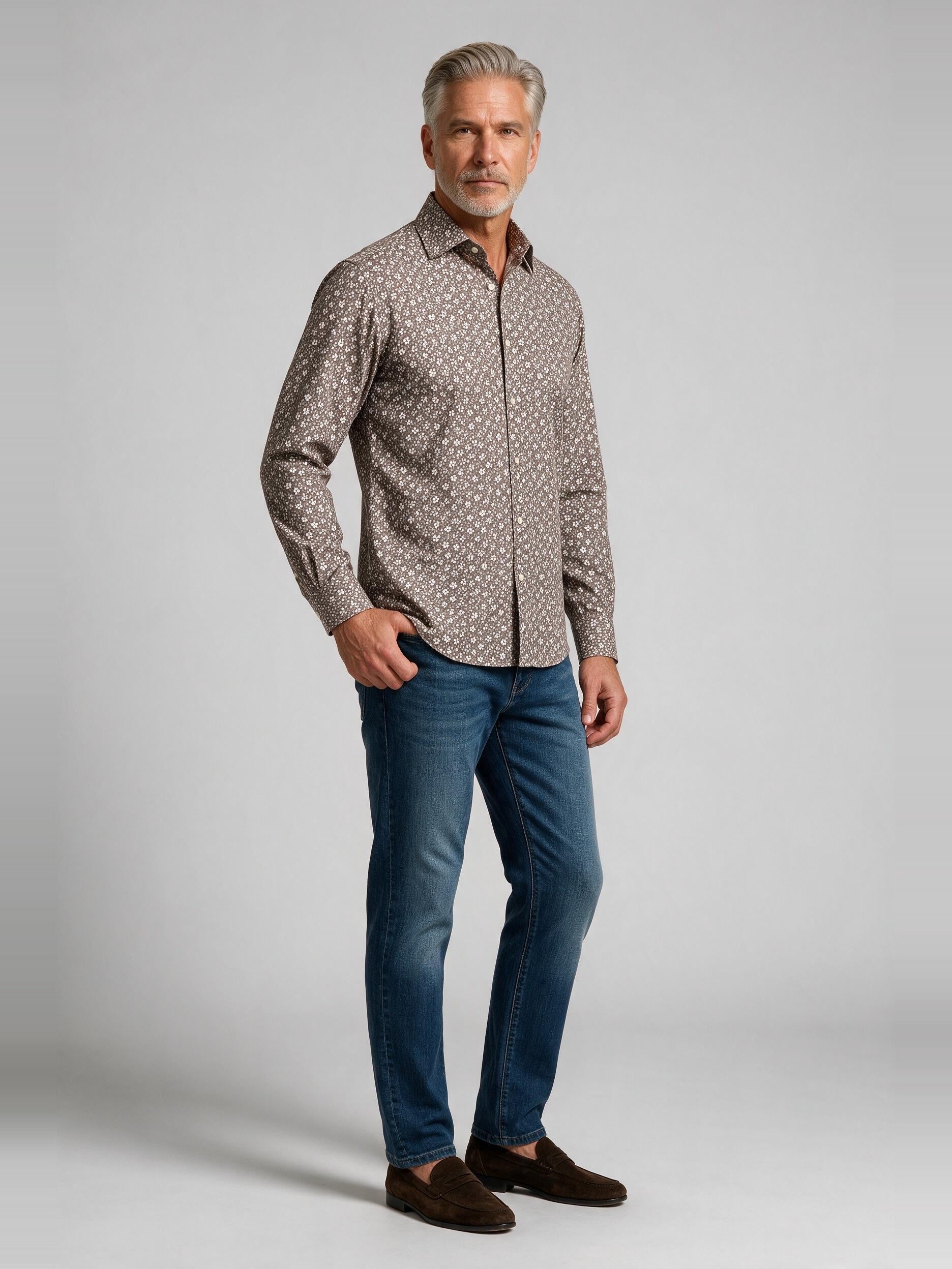 Bugatchi L/S Alvin Shirt, Dusty Pink, worn with denim | Mondo Uomo Naples FL