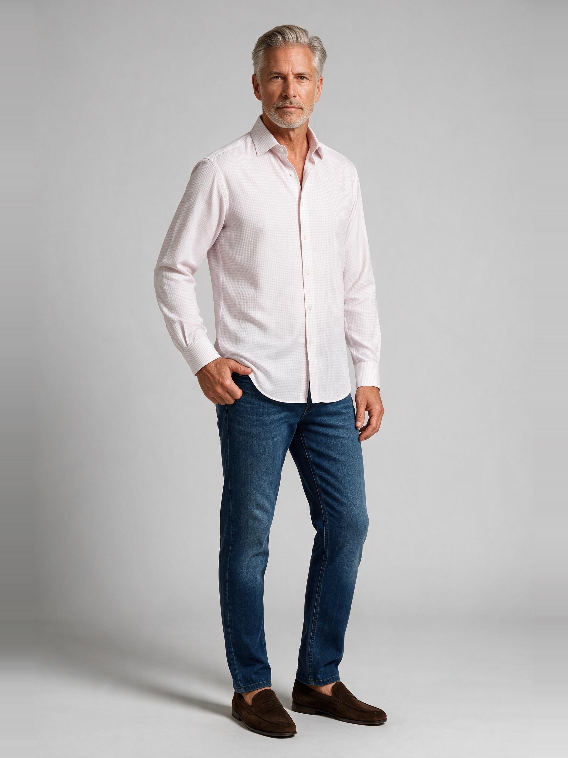 Bugatchi L/S Alvin Shirt, Dusty Pink, worn with denim | Mondo Uomo Naples FL