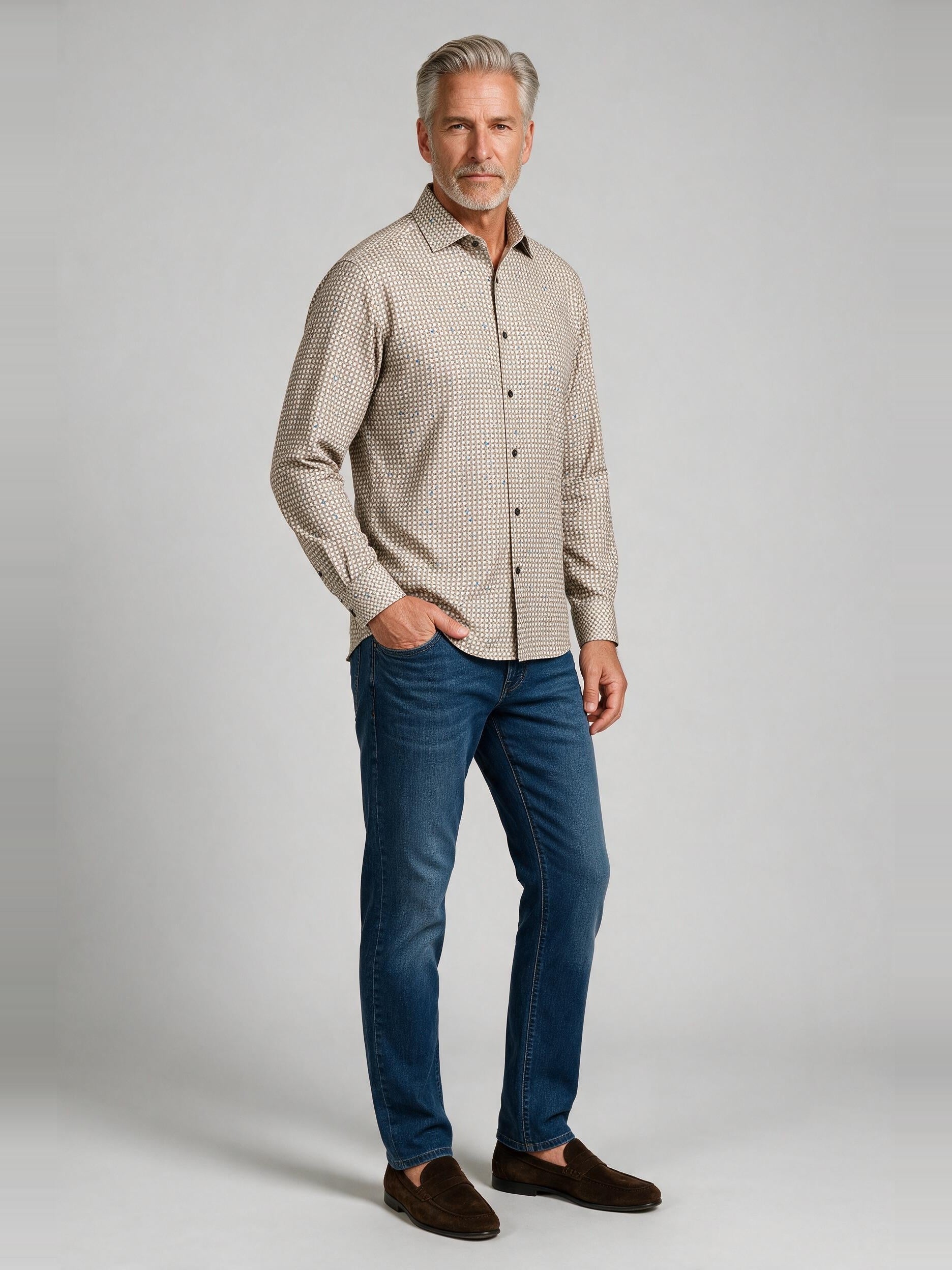 Bugatchi L/S Alvin Shirt, Limestone, worn with denim | Mondo Uomo Naples FL