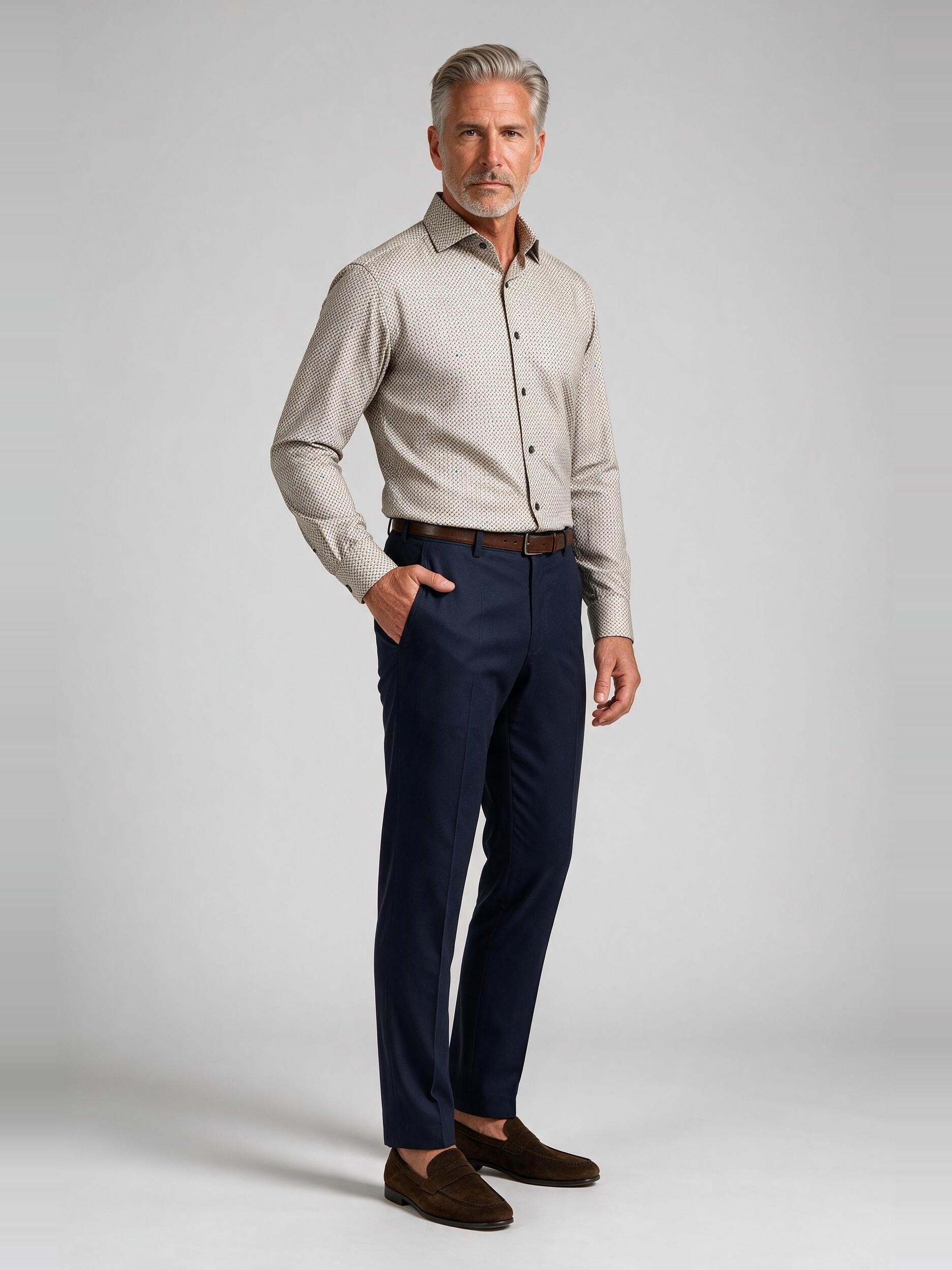 Bugatchi L/S Alvin Shirt, Limestone, worn with a dress trouser | Mondo Uomo Naples FL