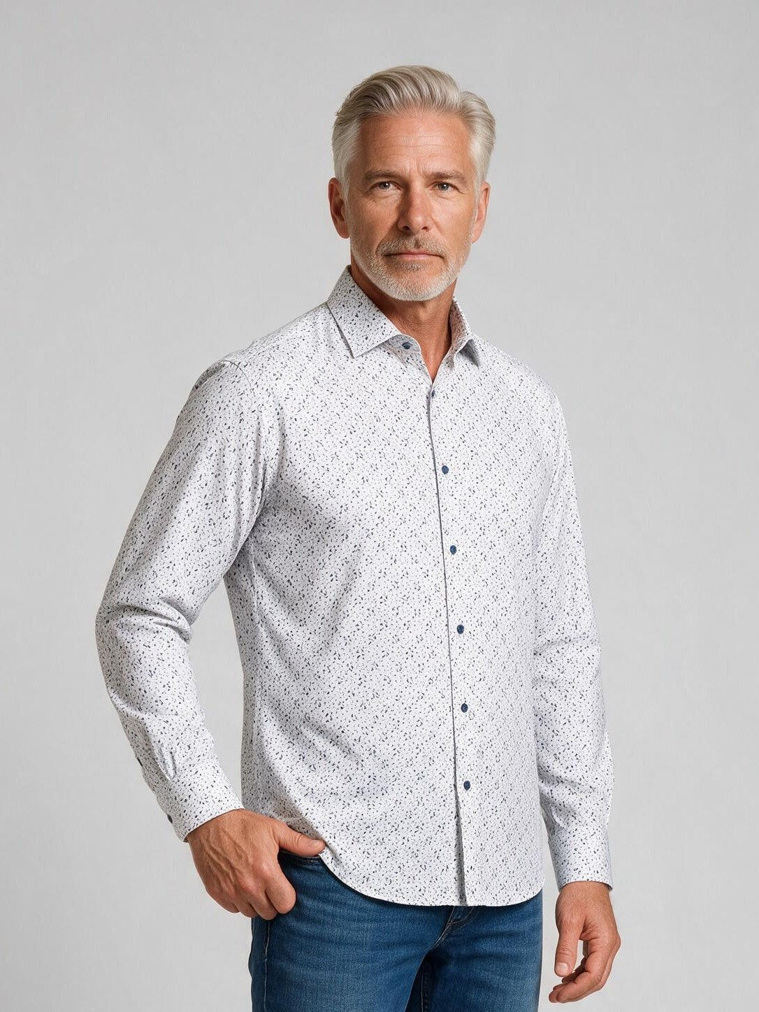 Bugatchi L/S Alvin Shirt, Marine Blue, detail | Mondo Uomo Naples FL