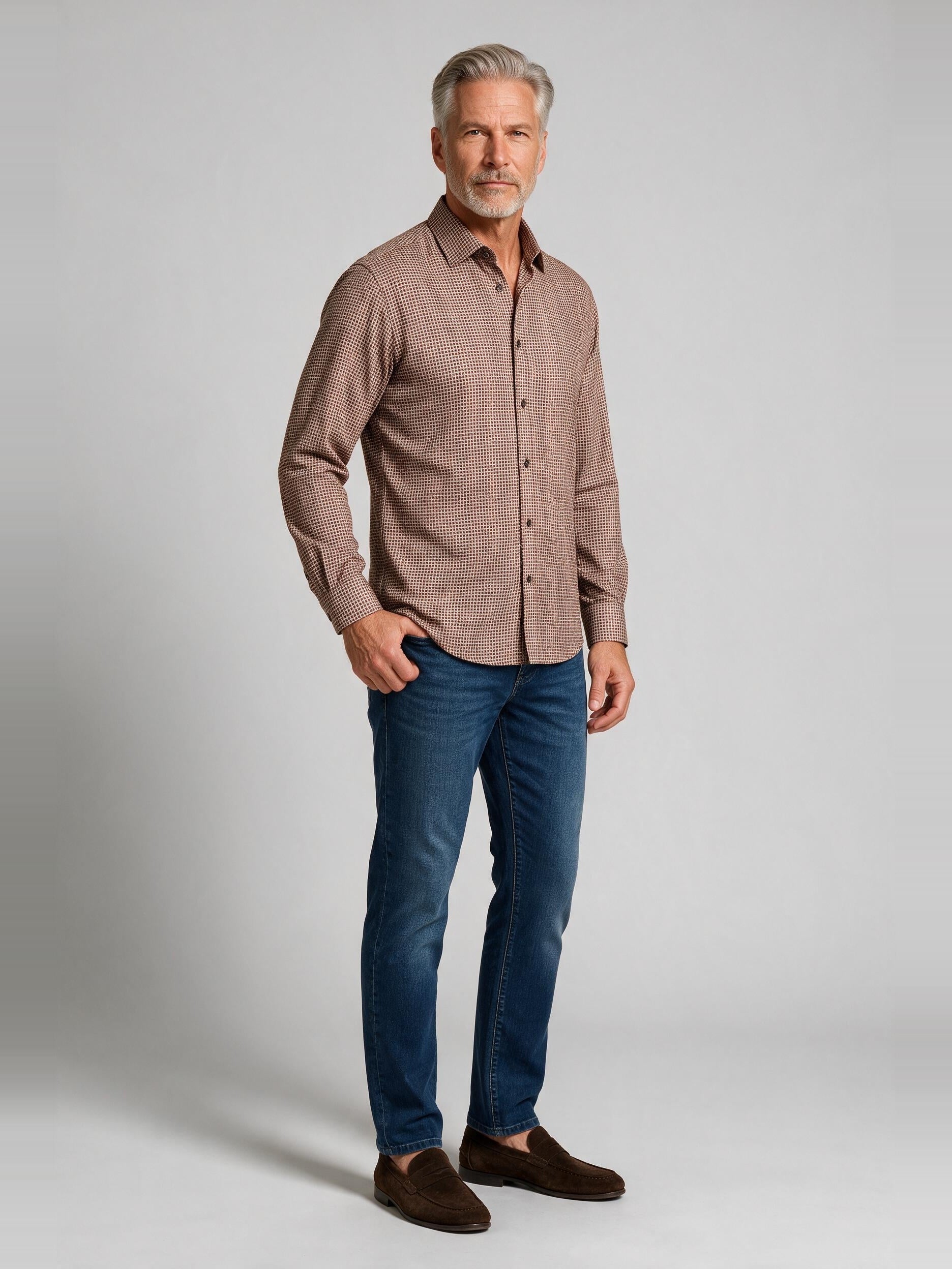 Bugatchi L/S Alvin Shirt, Sienna, worn with denim | Mondo Uomo Naples FL