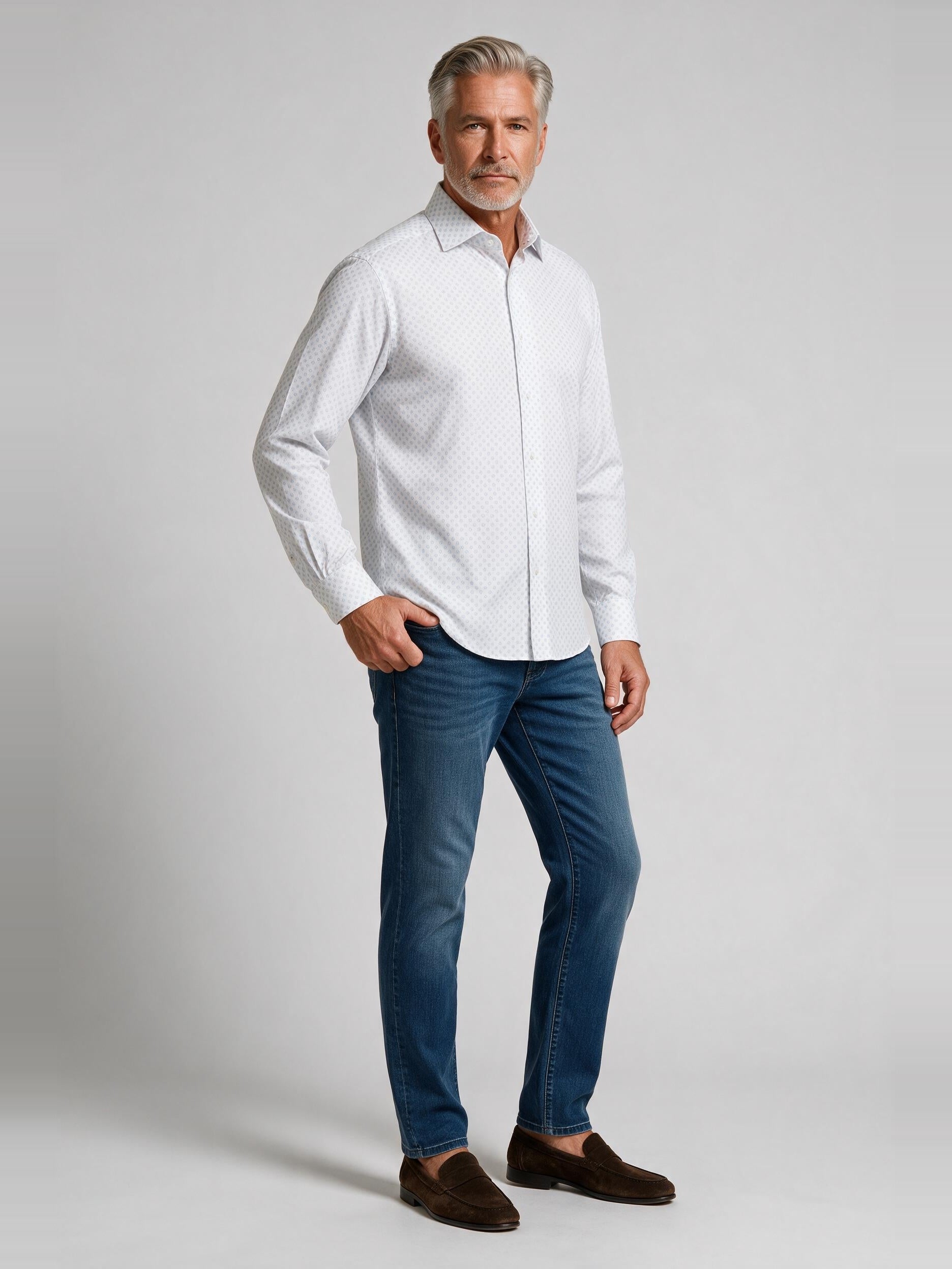 Bugatchi L/S Alvin Shirt, Sky, worn with denim | Mondo Uomo Naples FL