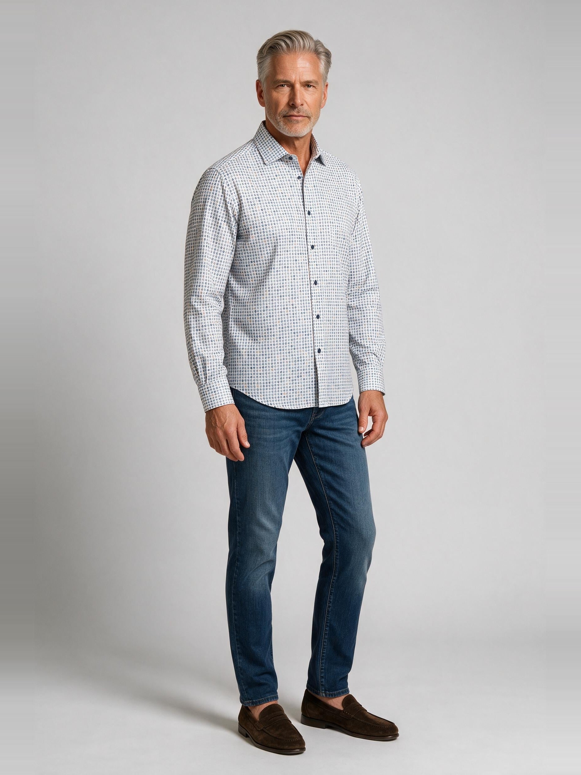 Bugatchi L/S Axel Shirt, Air Blue, worn with denim | Mondo Uomo Naples FL