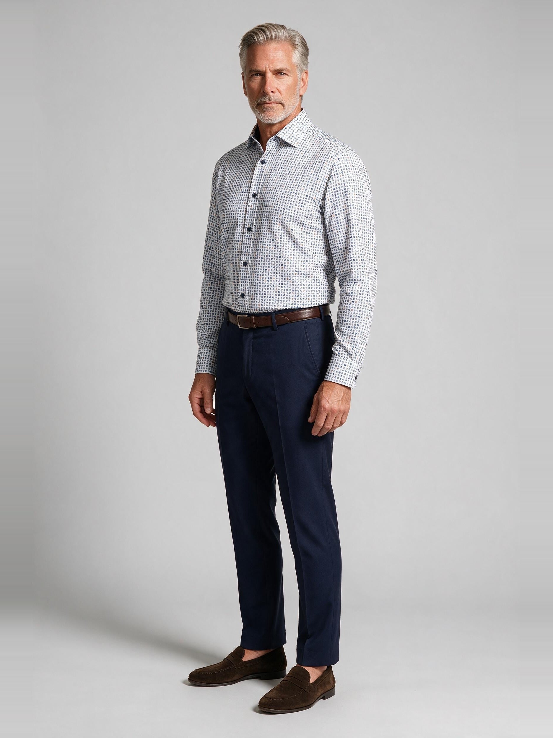 Bugatchi L/S Axel Shirt, Air Blue, worn with a dress trouser | Mondo Uomo Naples FL