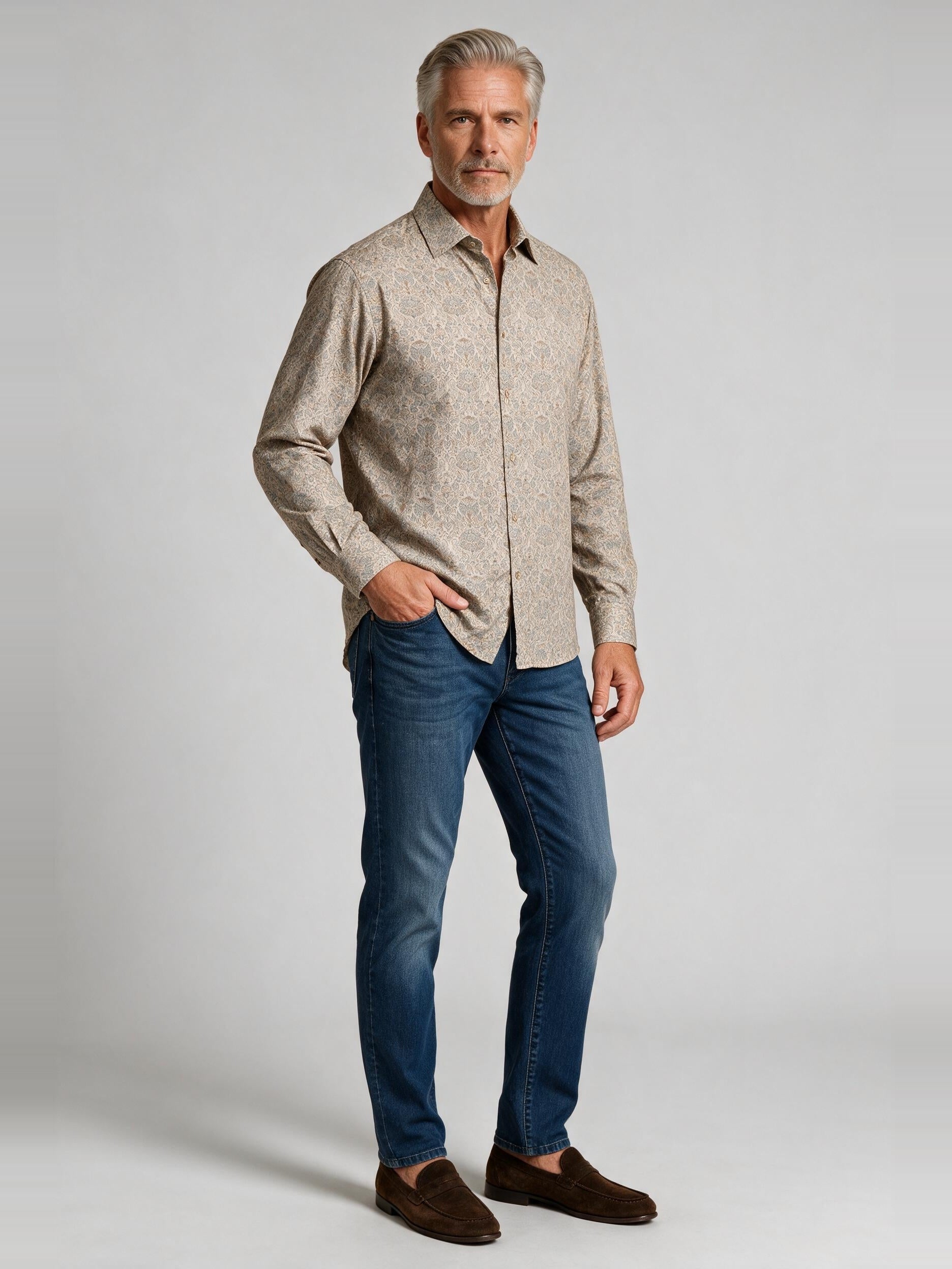 Bugatchi L/S Axel Shirt, Ginger, worn with denim | Mondo Uomo Naples FL