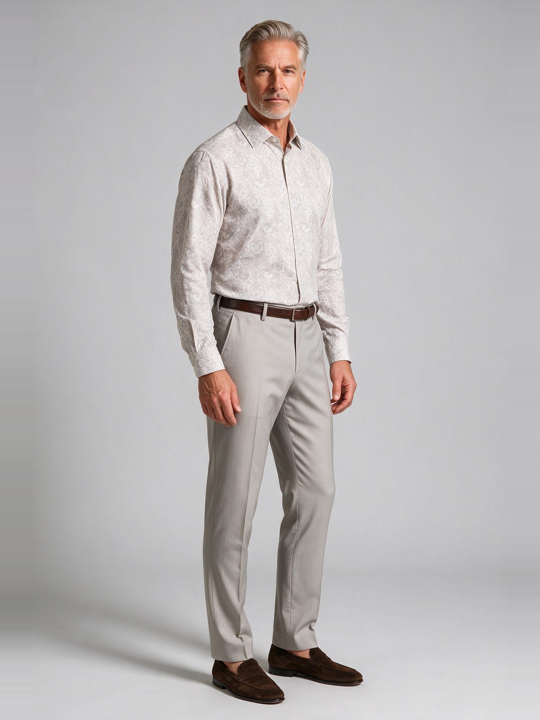 Bugatchi L/S Axel Shirt, Limestone, worn with a dress trouser | Mondo Uomo Naples FL