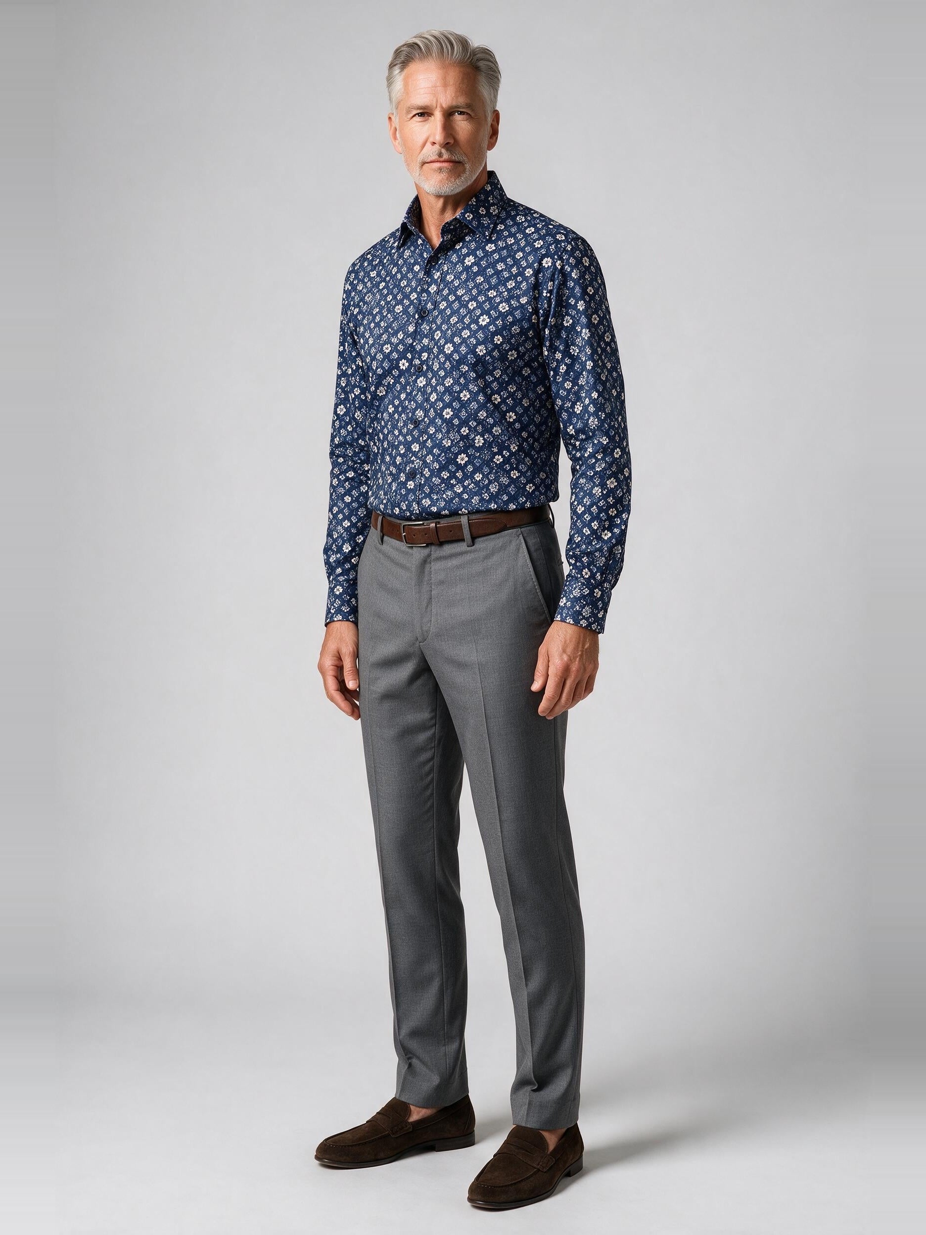 Bugatchi L/S Axel Shirt, Navy, worn with a dress trouser | Mondo Uomo Naples FL