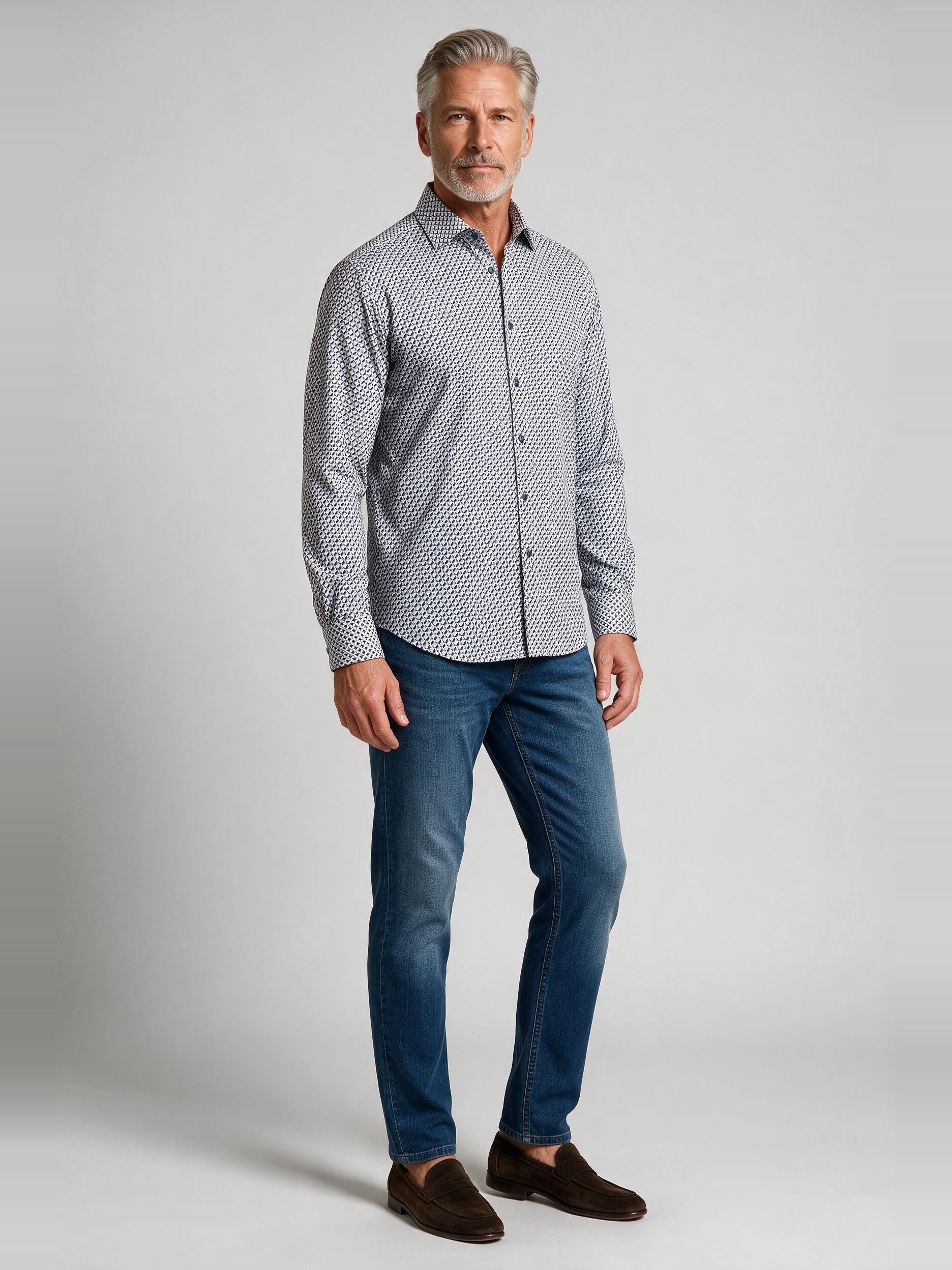 Bugatchi L/S Axel Shirt, Teal, worn with denim | Mondo Uomo Naples FL