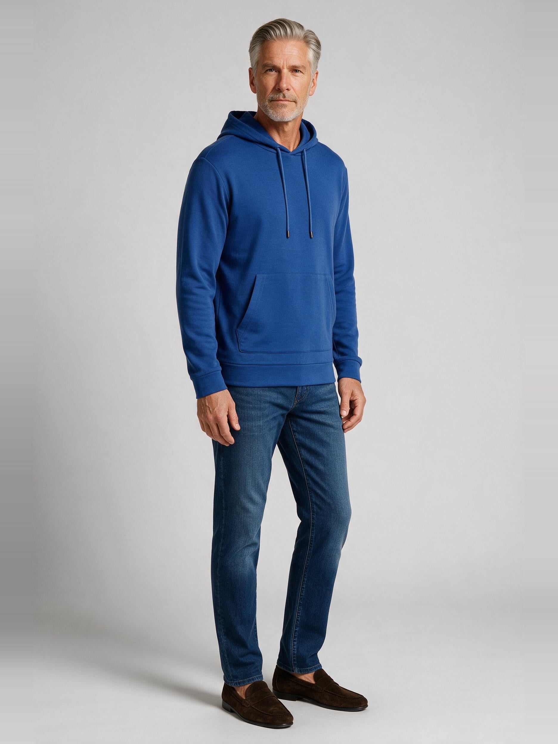 Bugatchi L/S Hoodie, Classic Blue, worn with denim | Mondo Uomo Naples FL