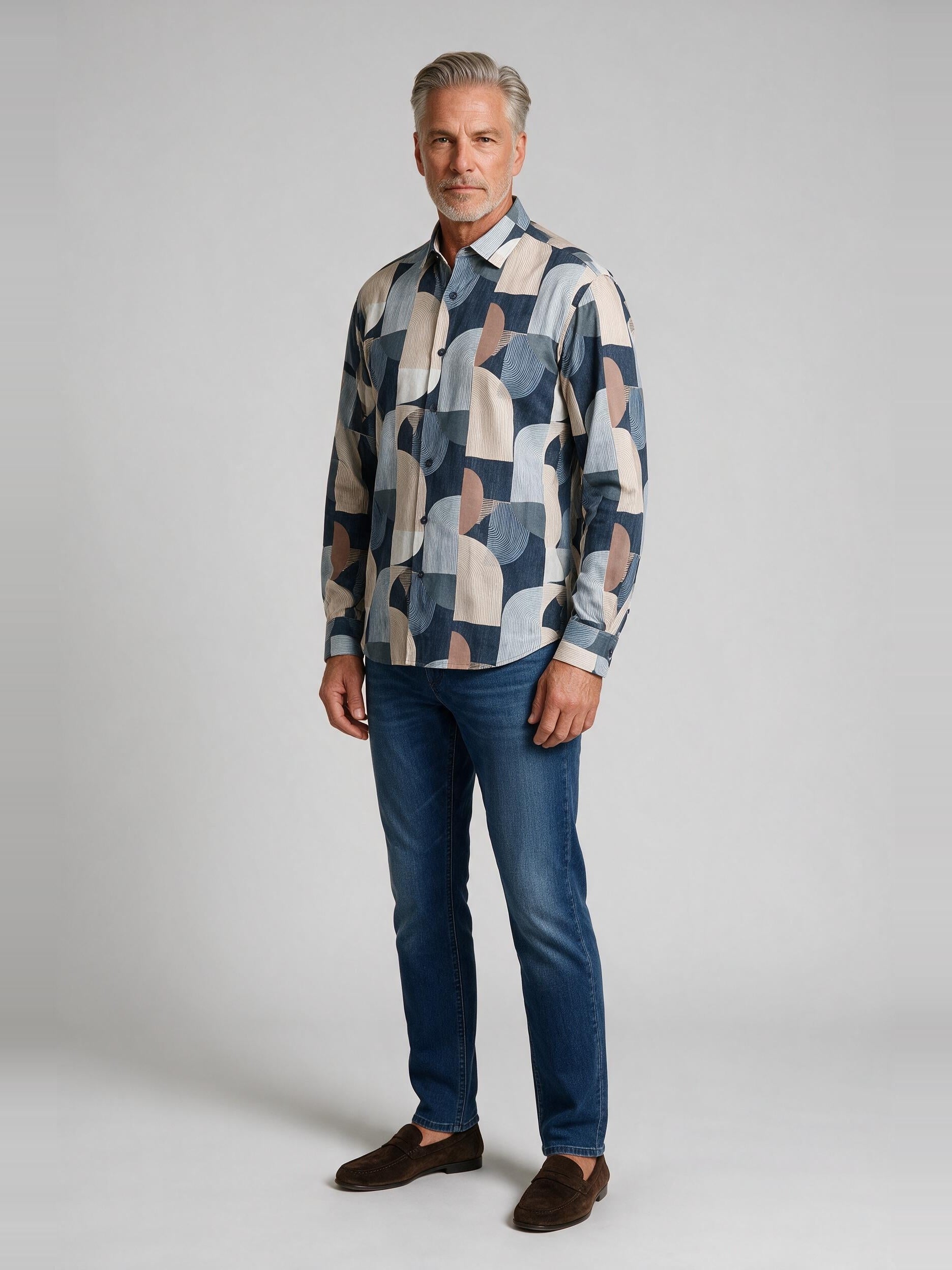 Bugatchi L/S Julian Shirt, Air Blue, worn with denim | Mondo Uomo Naples FL