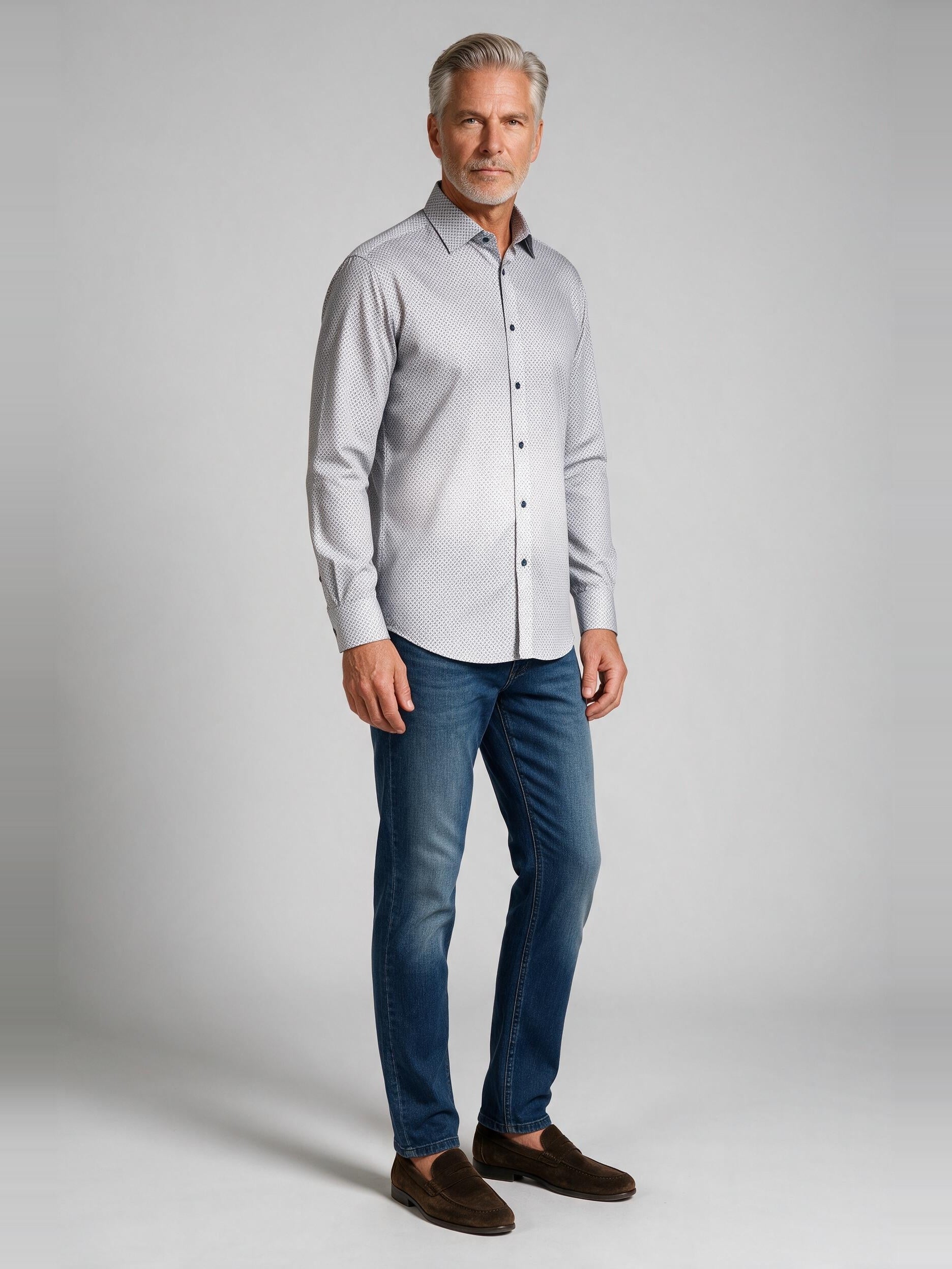 Bugatchi L/S Julian Shirt, Dusty Pink, worn with denim | Mondo Uomo Naples FL
