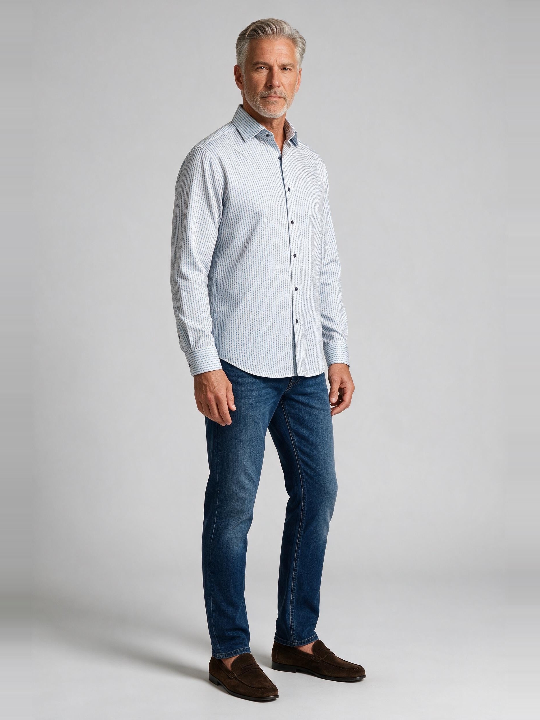 Bugatchi Ooohcotton L/S Devon Shirt, Air Blue, worn with denim | Mondo Uomo Naples FL