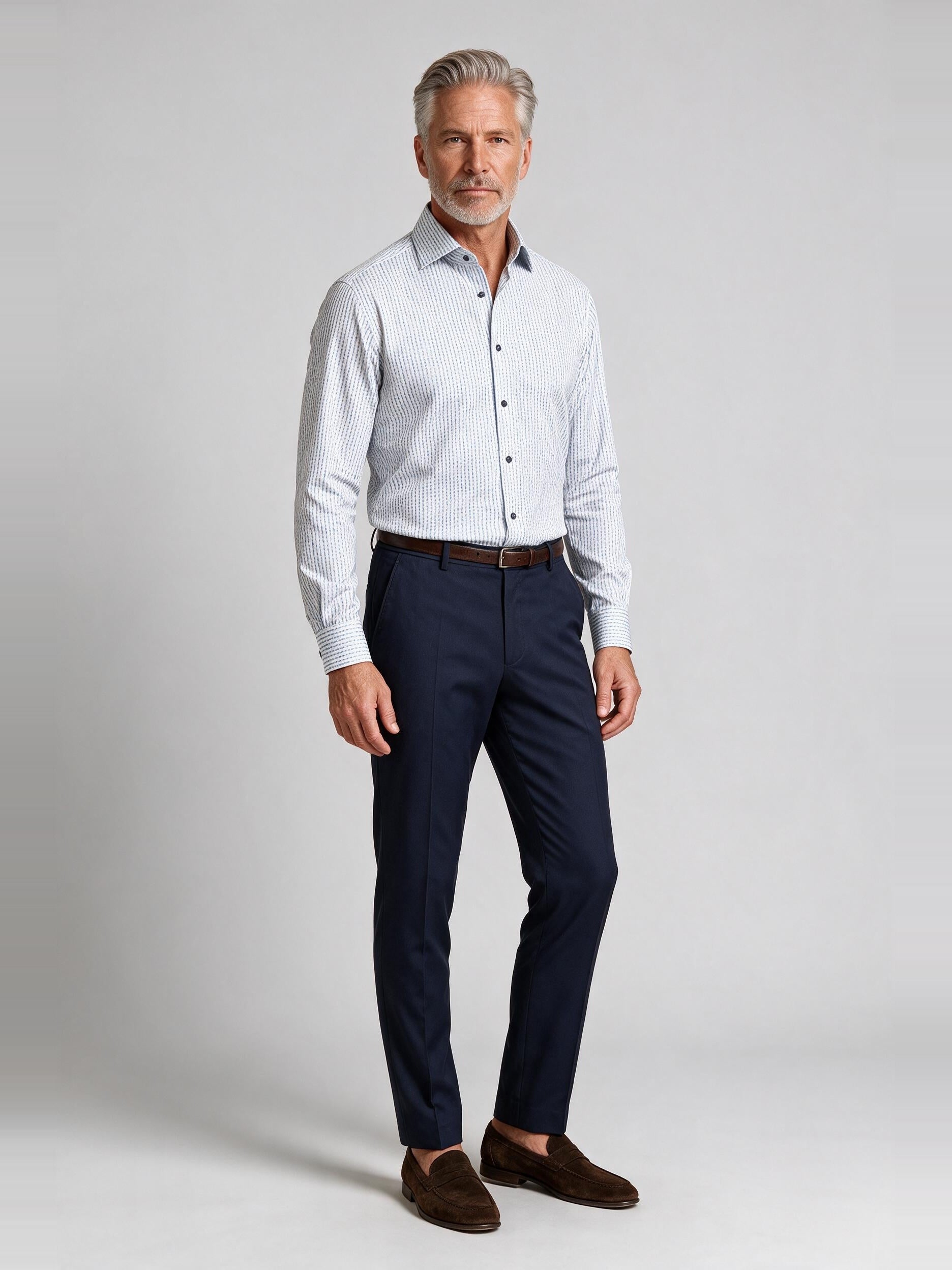 Bugatchi Ooohcotton L/S Devon Shirt, Air Blue, worn with a dress trouser | Mondo Uomo Naples FL