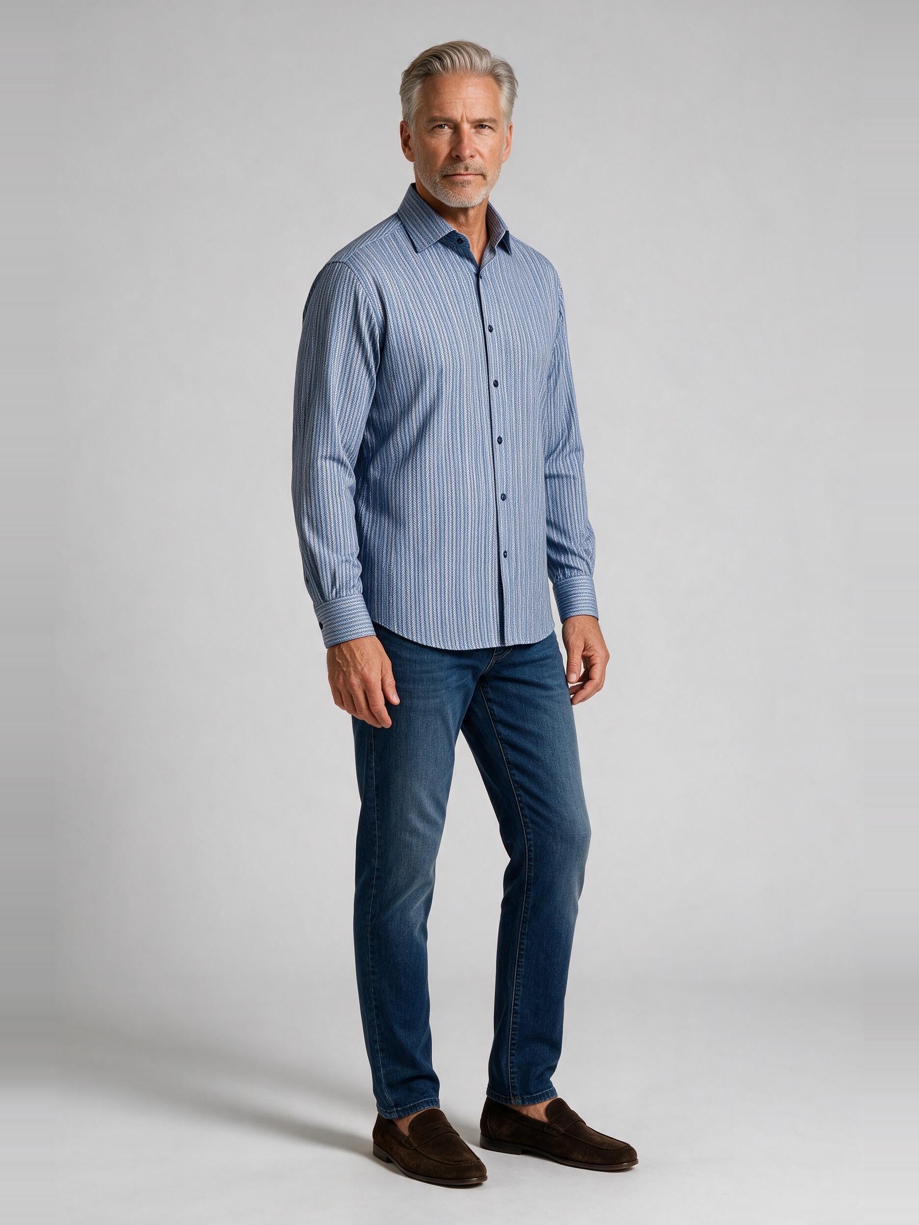 Bugatchi Ooohcotton L/S Devon Shirt, Air Blue, worn with denim | Mondo Uomo Naples FL
