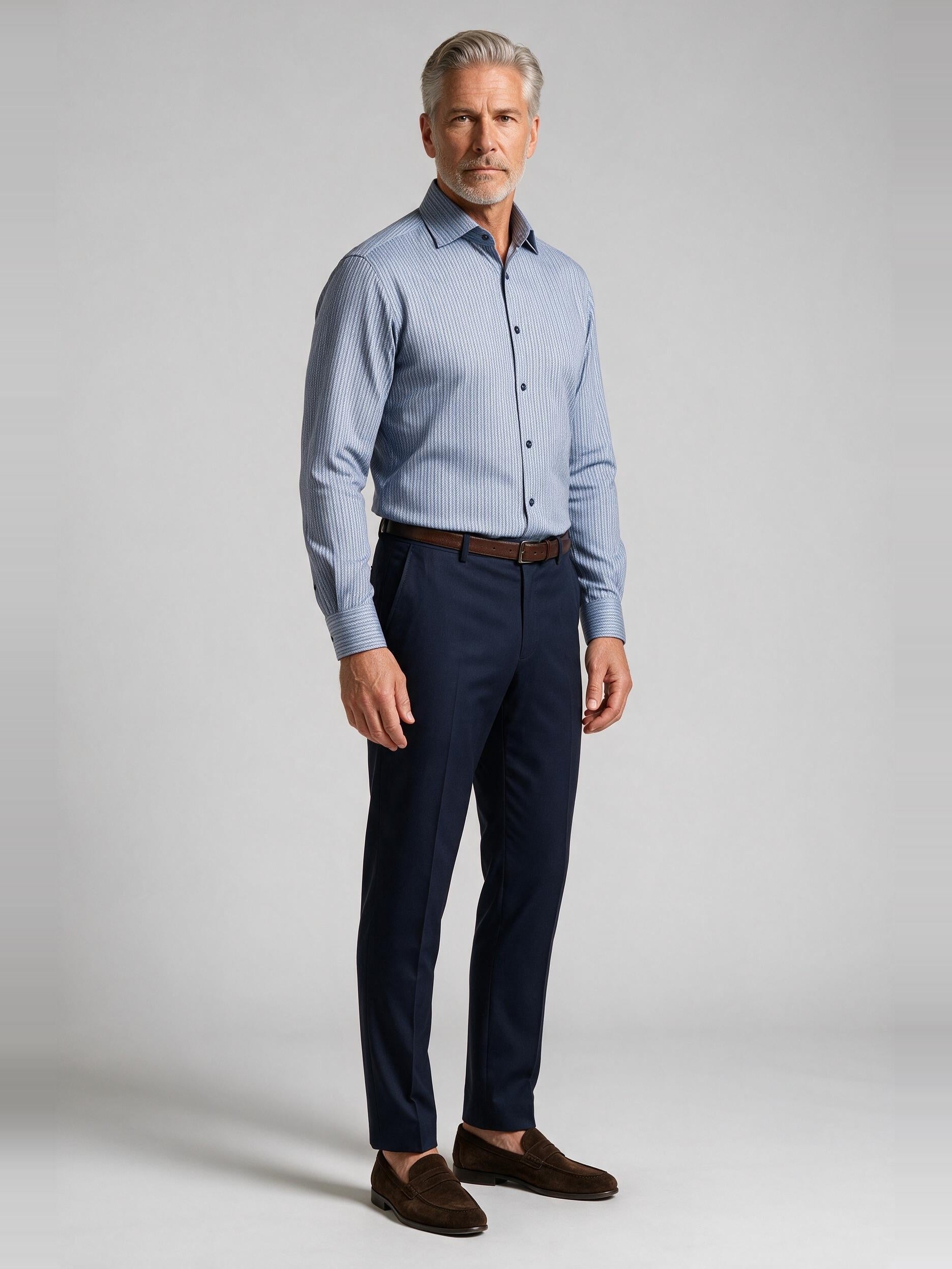 Bugatchi Ooohcotton L/S Devon Shirt, Air Blue, worn with a dress trouser | Mondo Uomo Naples FL