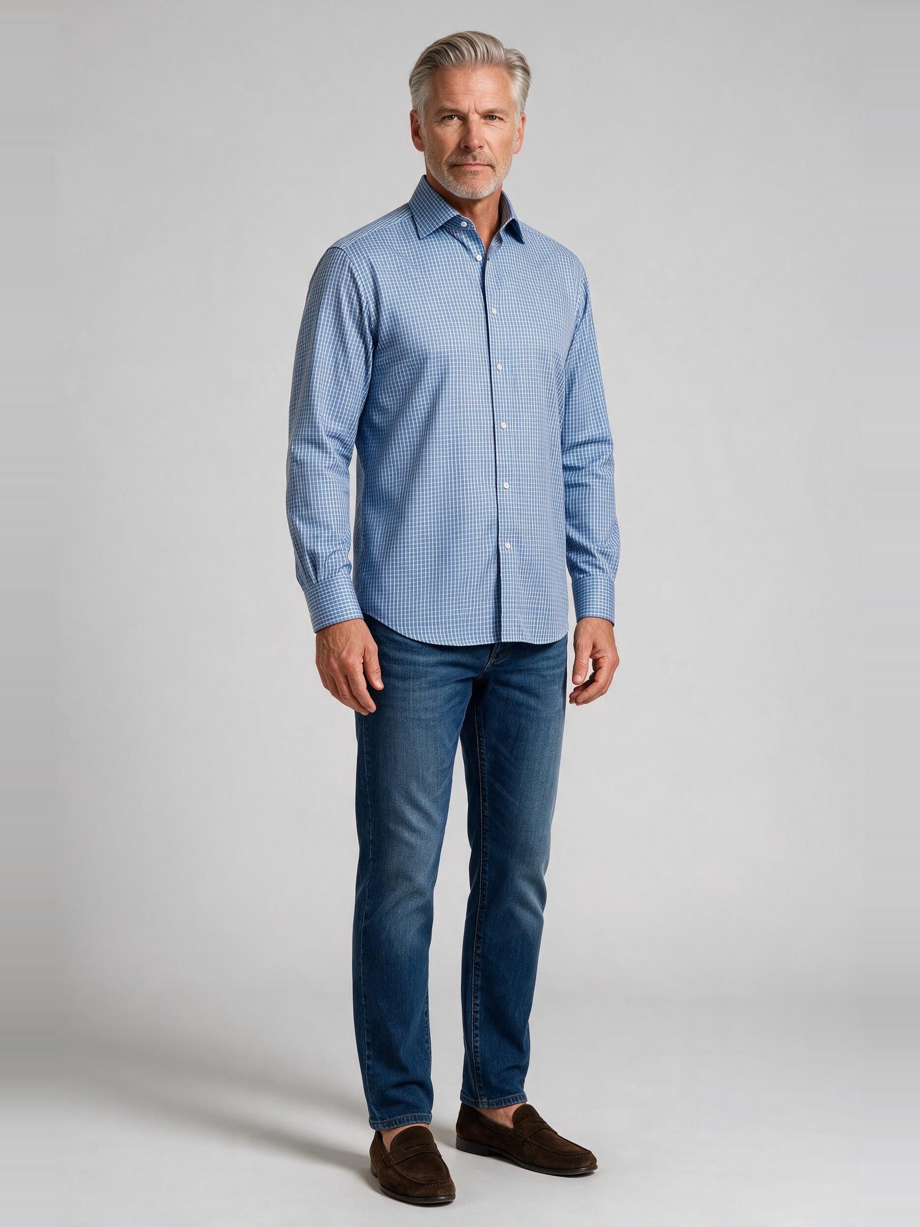 Bugatchi Ooohcotton L/S Devon Shirt, Air Blue, worn with denim | Mondo Uomo Naples FL
