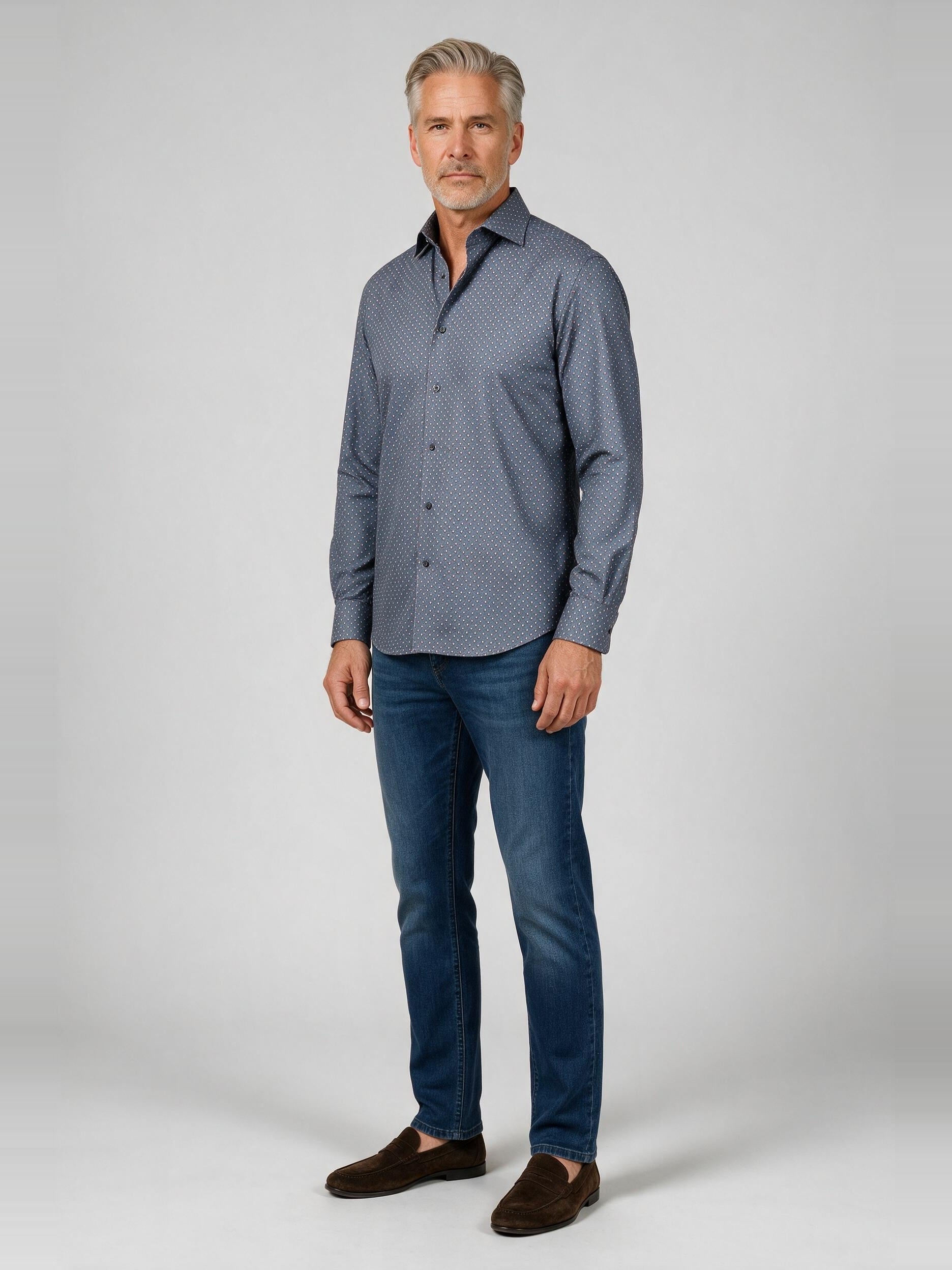 Bugatchi Ooohcotton L/S Devon Shirt, Anthracite, worn with denim | Mondo Uomo Naples FL