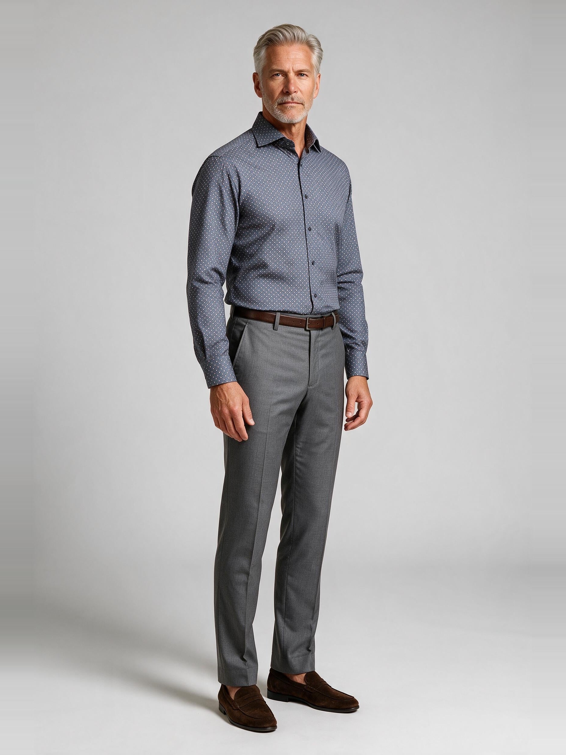 Bugatchi Ooohcotton L/S Devon Shirt, Anthracite, worn with a dress trouser | Mondo Uomo Naples FL